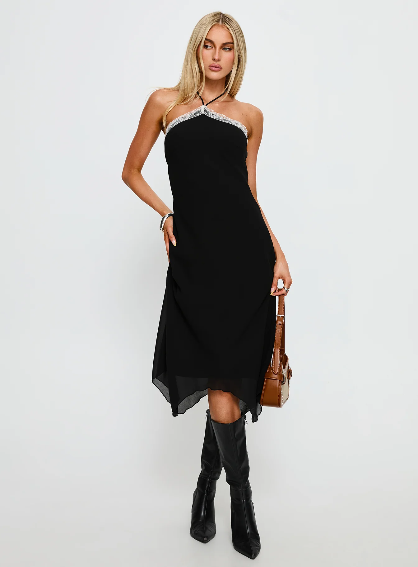 Naila Halter Lace Trim Midi Dress Black - luluinthesky