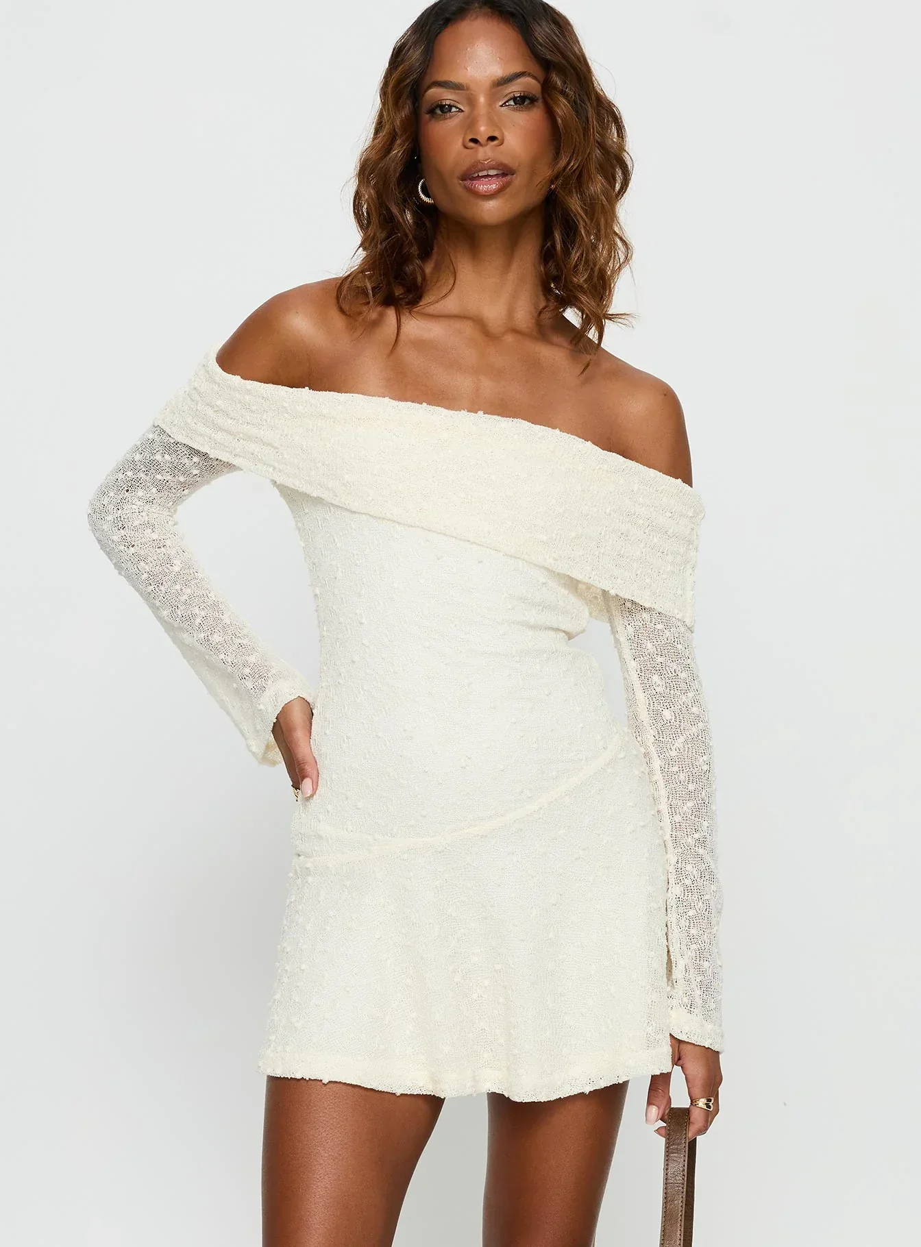 Ivee Off Shoulder Long Sleeve Mini Dress Cream - luluinthesky