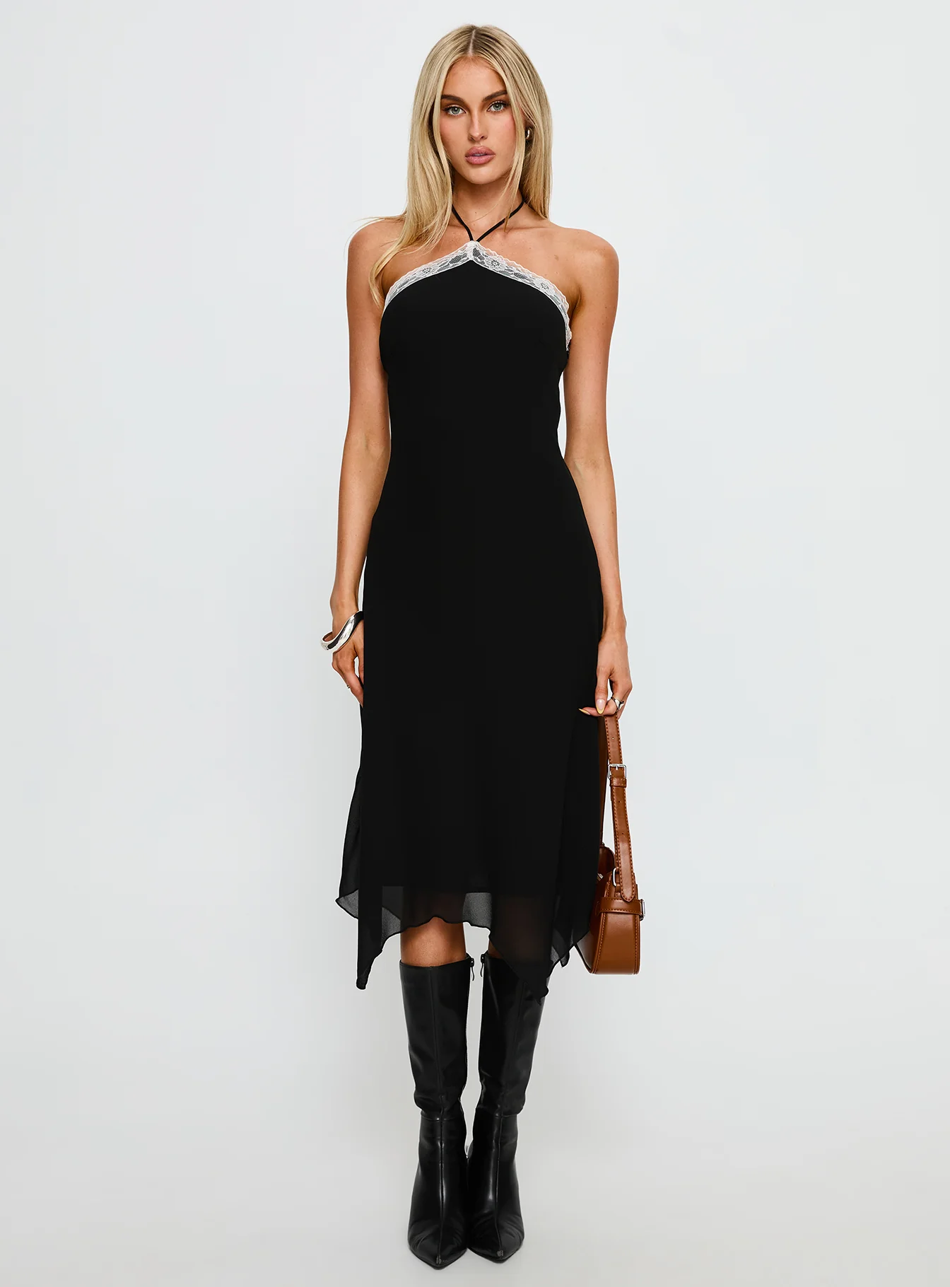 Naila Halter Lace Trim Midi Dress Black - luluinthesky