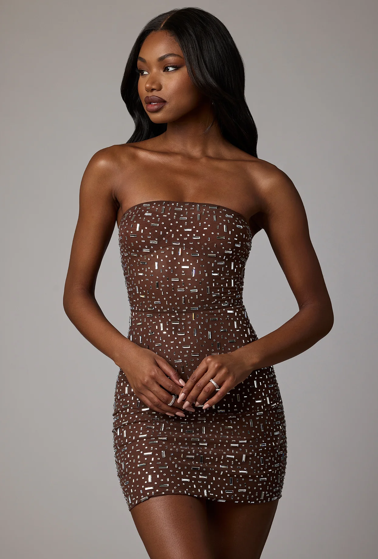 Sheer Embellished Bodycon Mini Dress in Deep Cocoa - luluinthesky