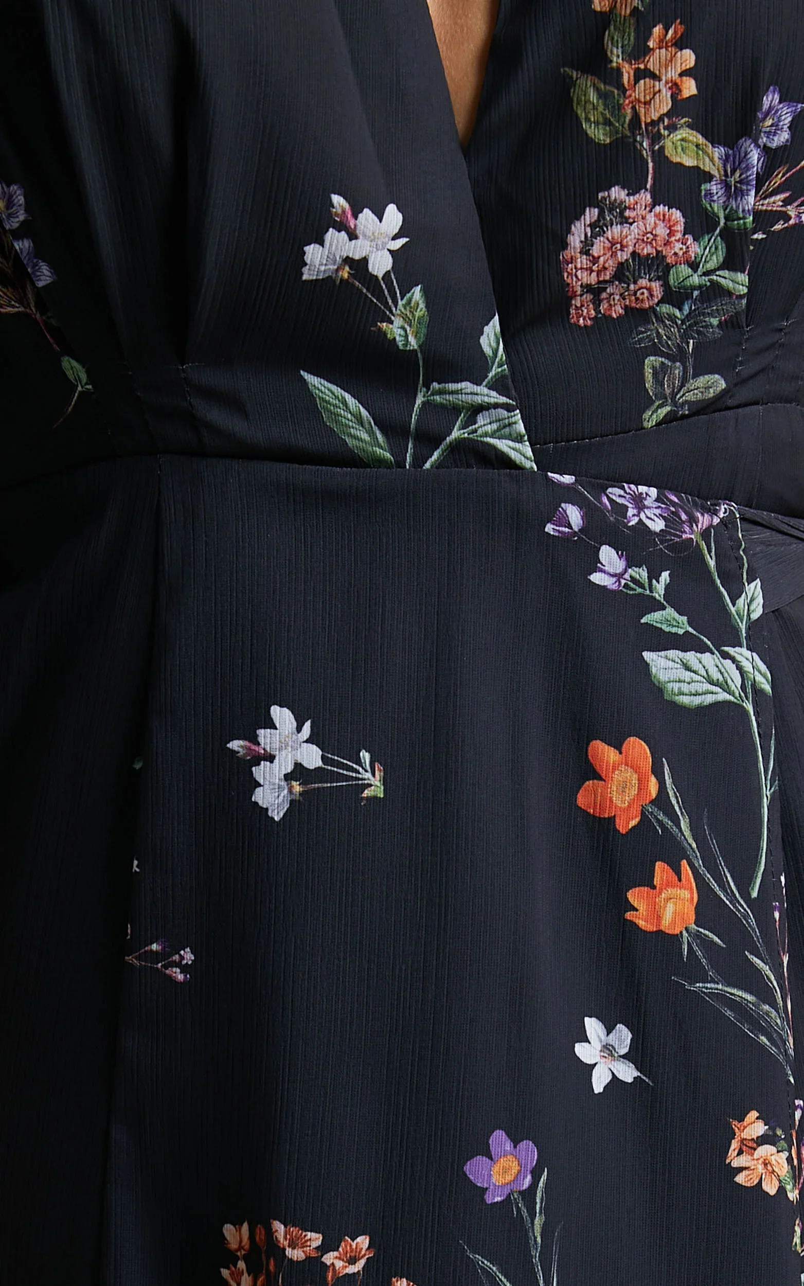 Erenza Maxi Dress - Extended Sleeve Wrap Dress in Black Flower Field - luluinthesky