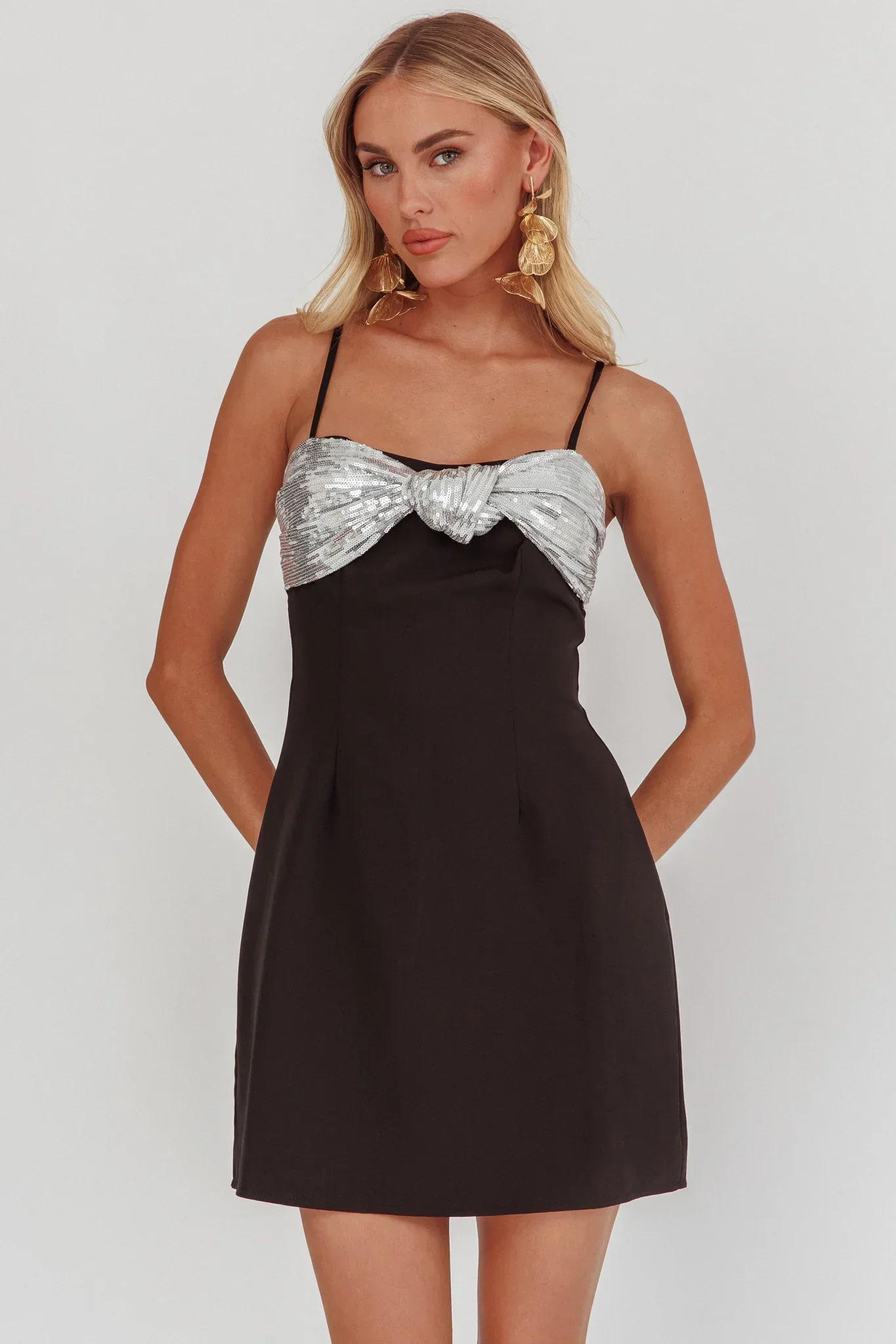 Sweet Caroline Sequin Twist Mini Dress Black/Silver - luluinthesky