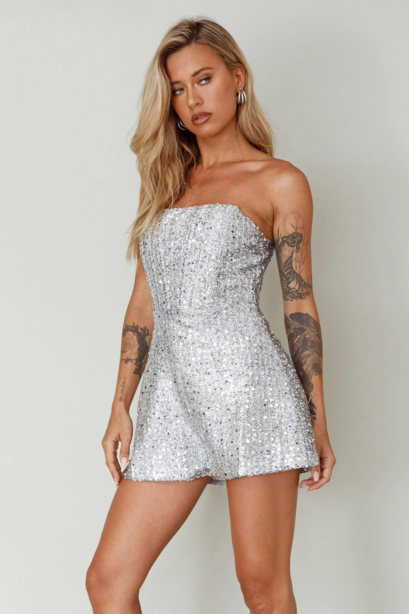 Vivid Dreams Strapless Sequin Romper Silver - luluinthesky