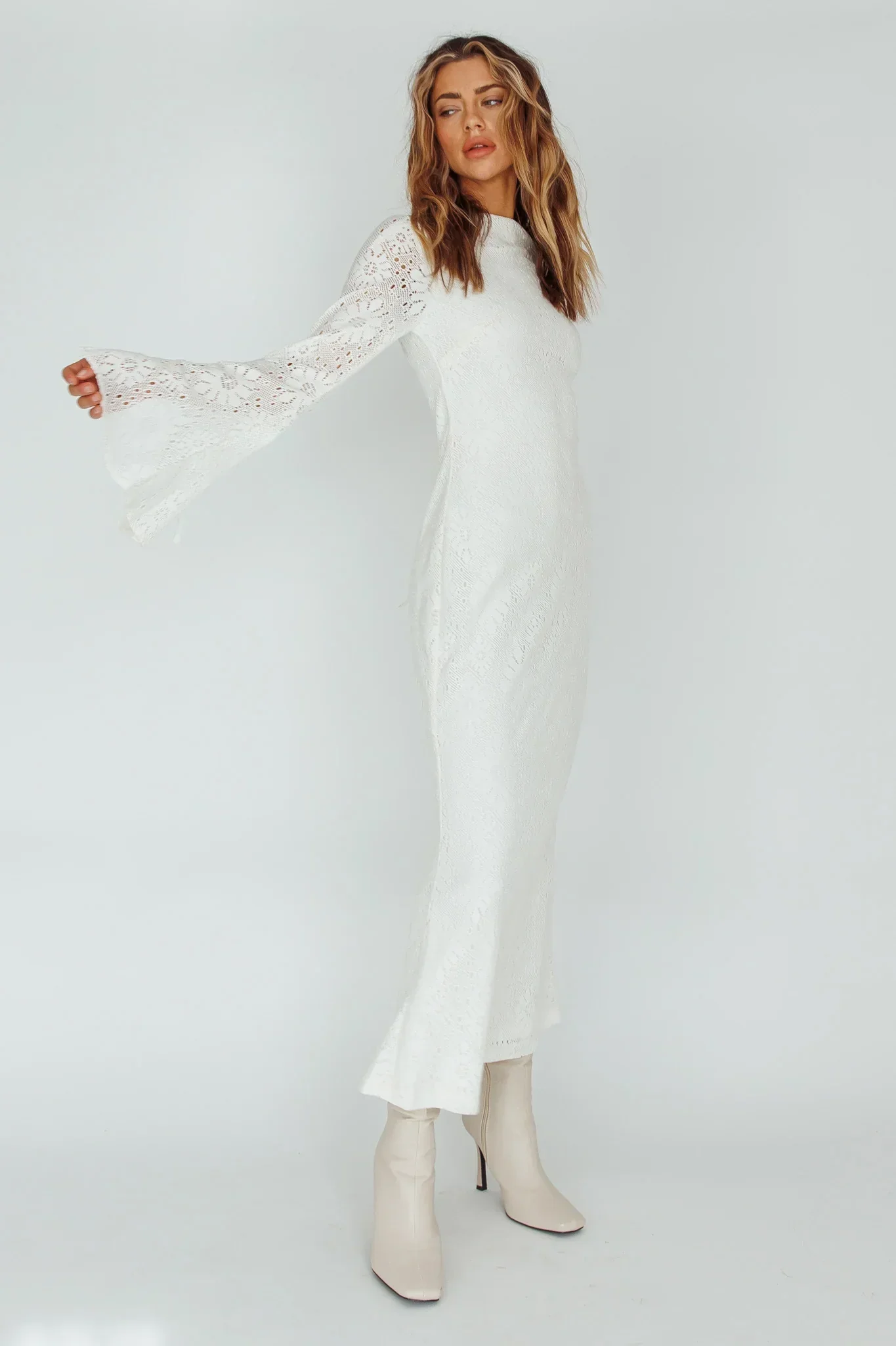 Kalia Long Sleeve Lace Midi Dress Cream - luluinthesky