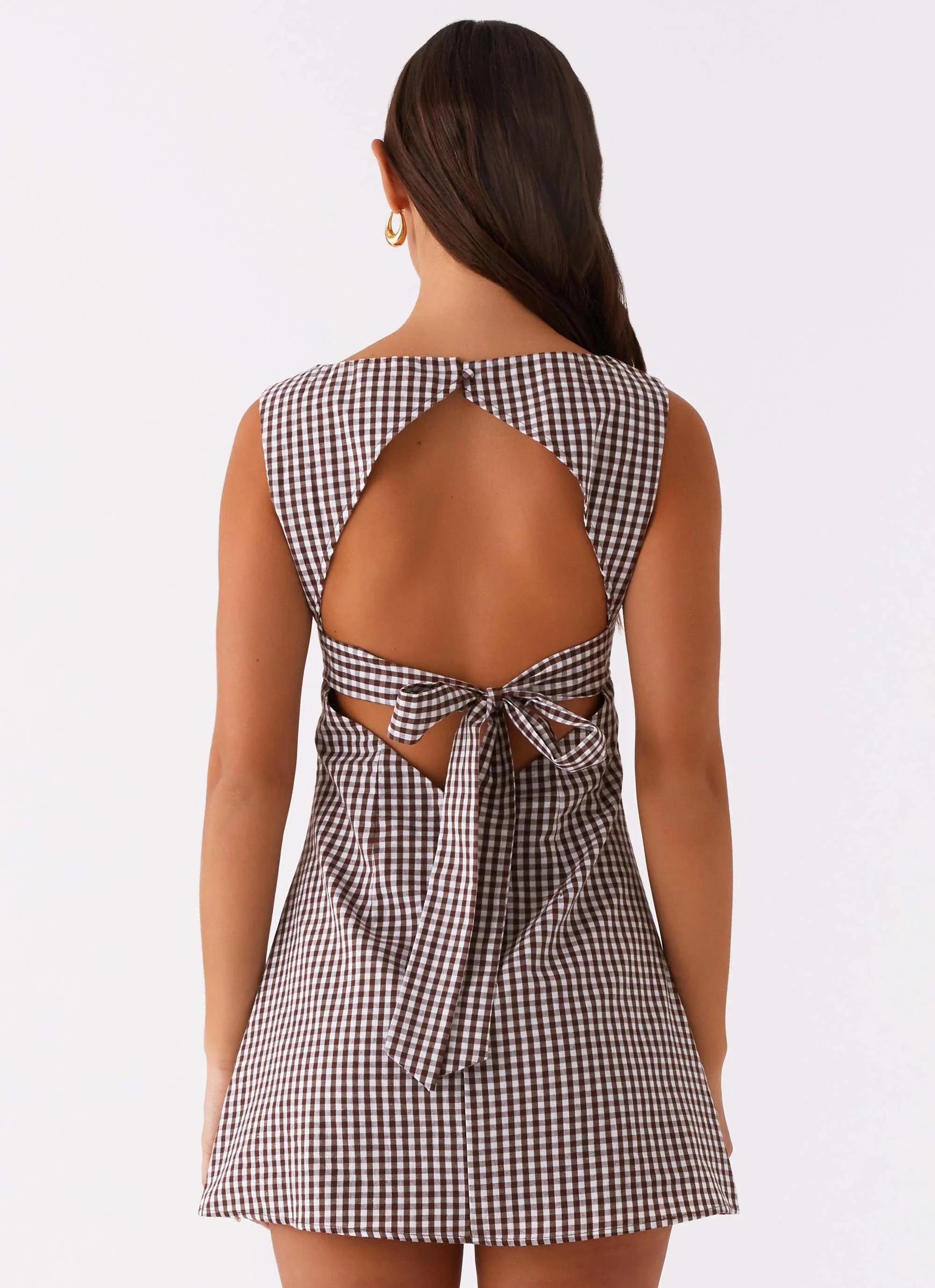 Lotus Tie Back Mini Dress - Chocolate Gingham - luluinthesky