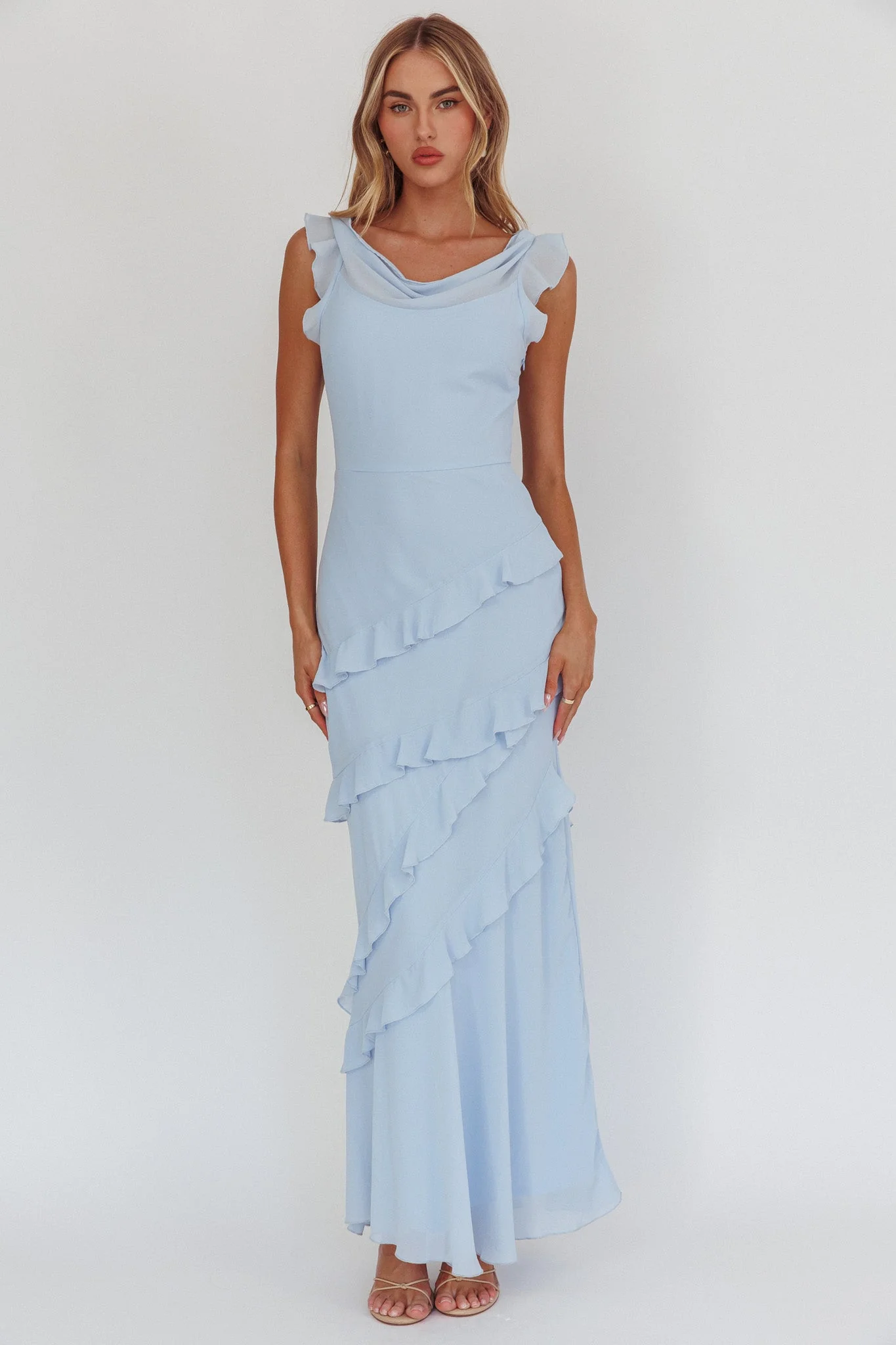 Sangria Cowl Neck Frill Maxi Dress Blue - luluinthesky