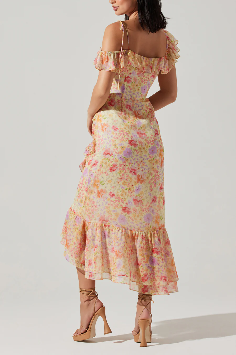 ASTR Luvita Floral Ruffle Chiffon Midi Dress - luluinthesky