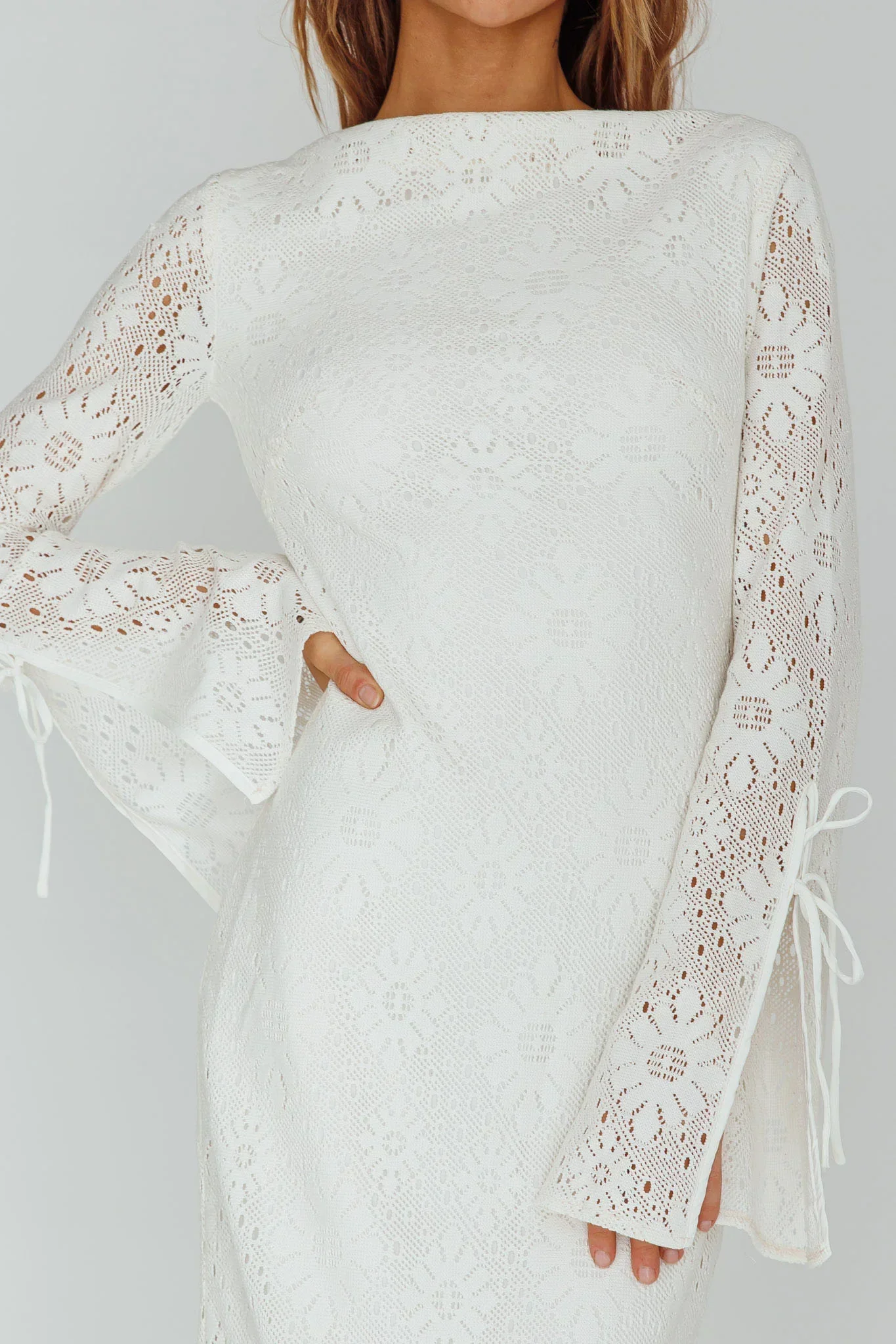 Kalia Long Sleeve Lace Midi Dress Cream - luluinthesky