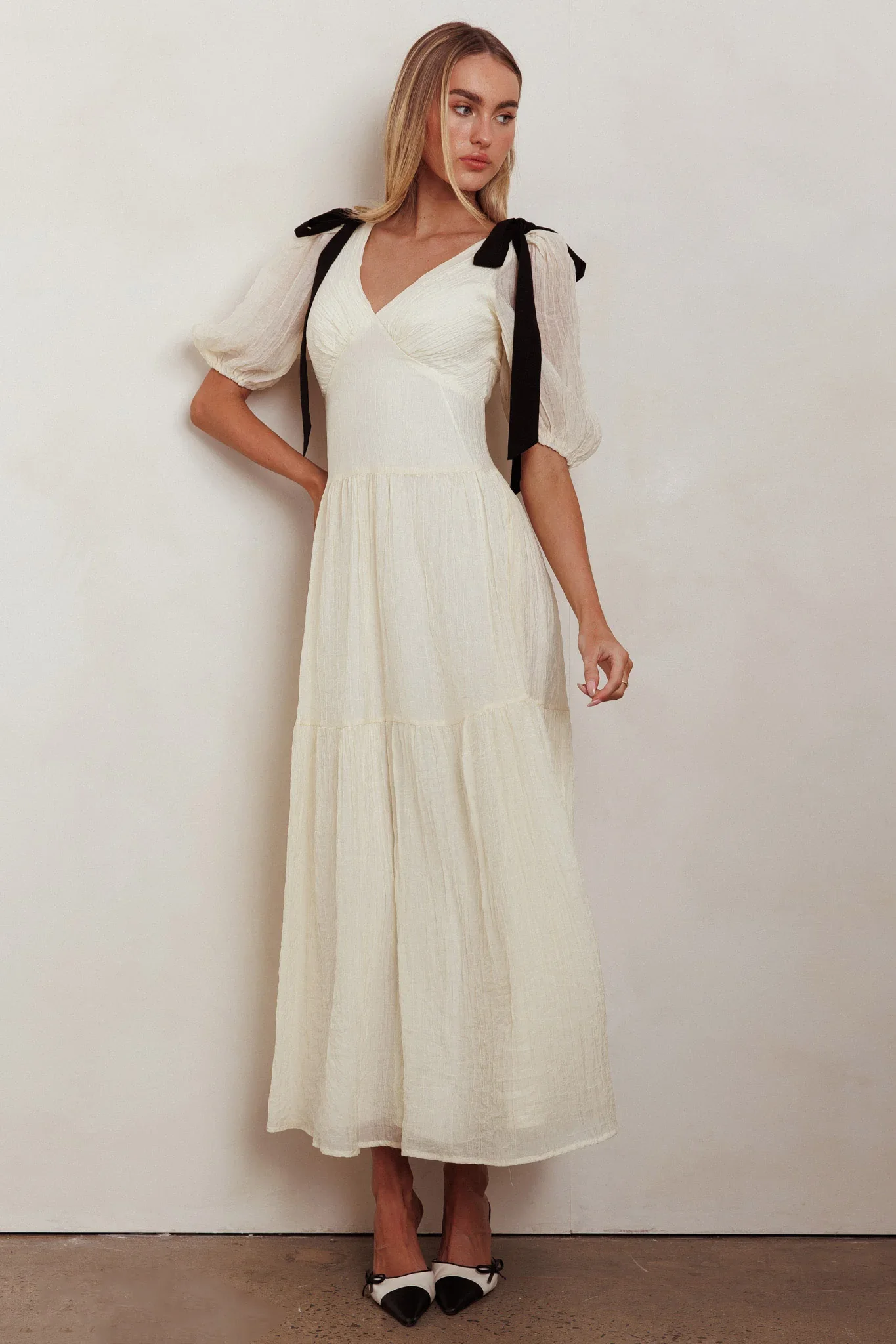 Sinta Bow Shoulder Puff Sleeve Maxi Dress Cream - luluinthesky