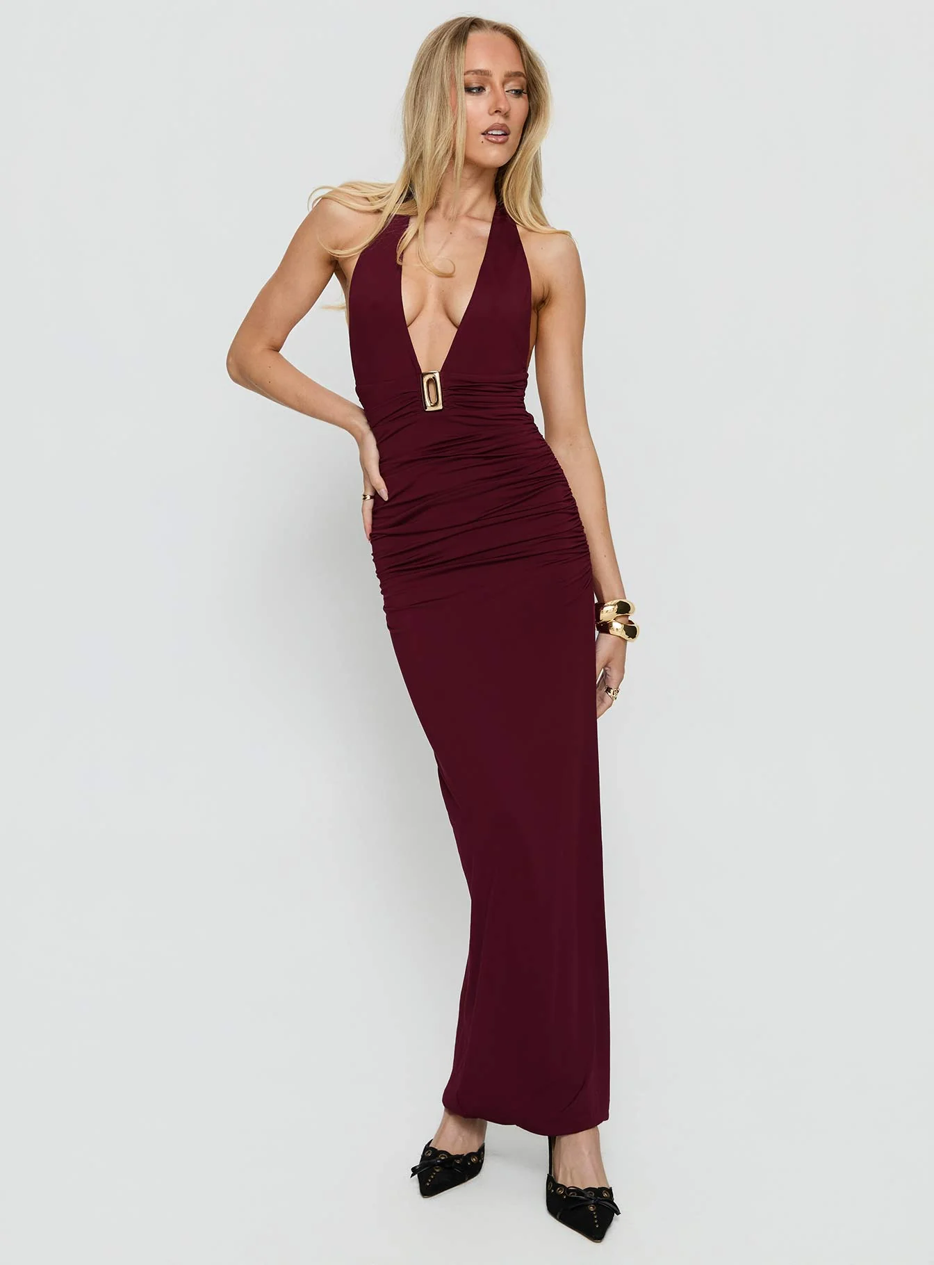 Best In Show Halter Hardware Maxi Dress Burgundy - luluinthesky