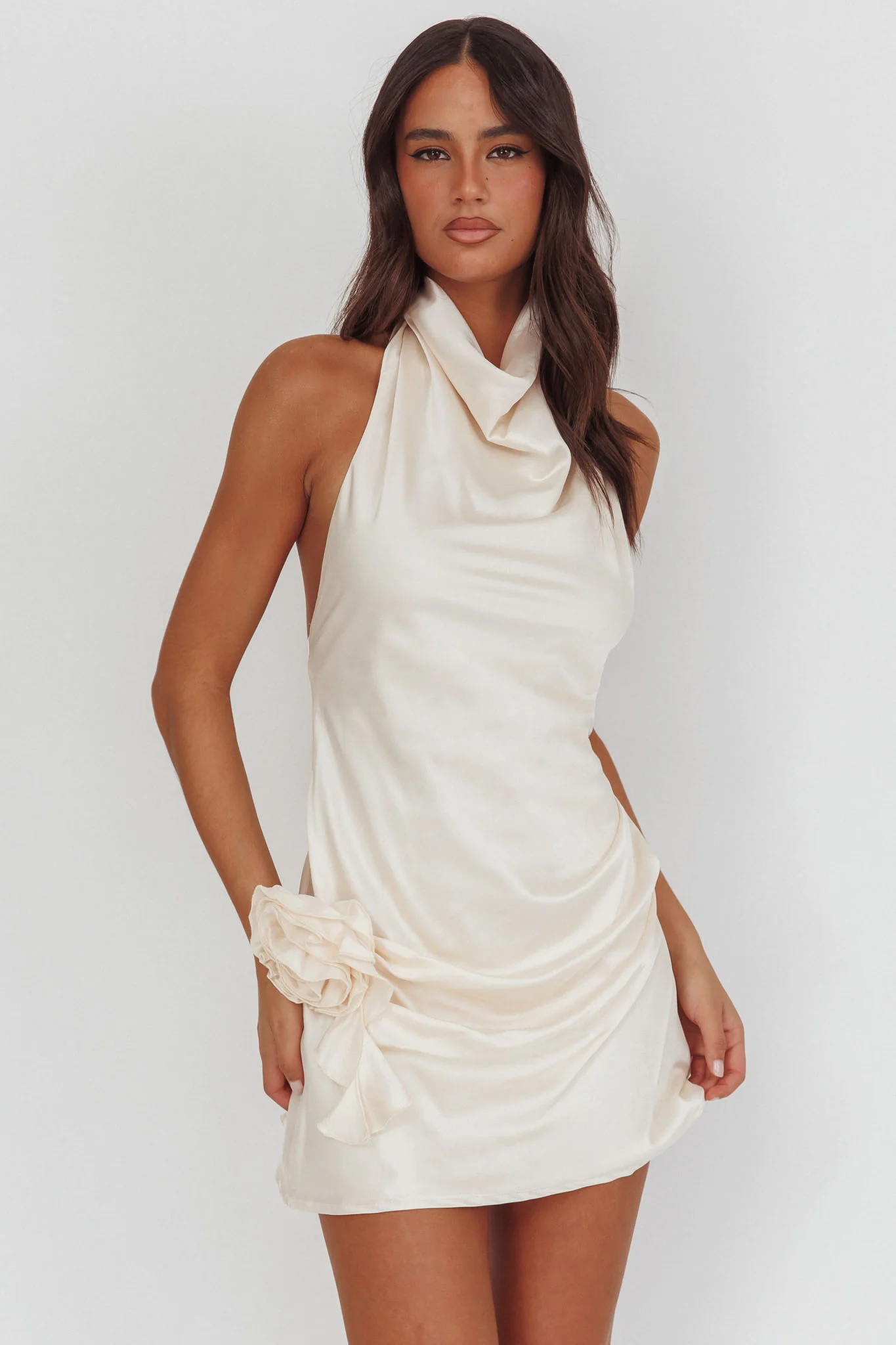 Elarah High Cowl Halterneck Mini Dress Pearl - luluinthesky