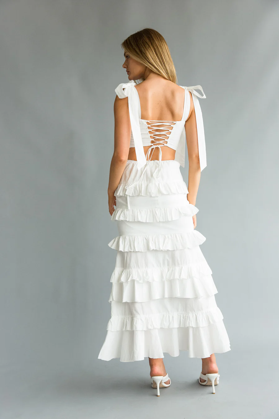 Dawn Bow Strap Bustier Top + Tiered Ruffle Skirt Set - luluinthesky