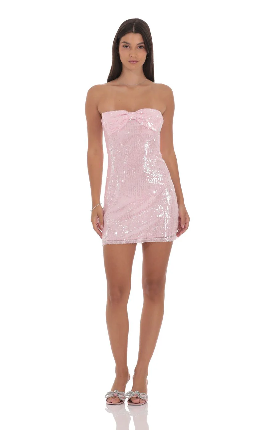 Strapless Sequin Bow Dress in Pink - luluinthesky