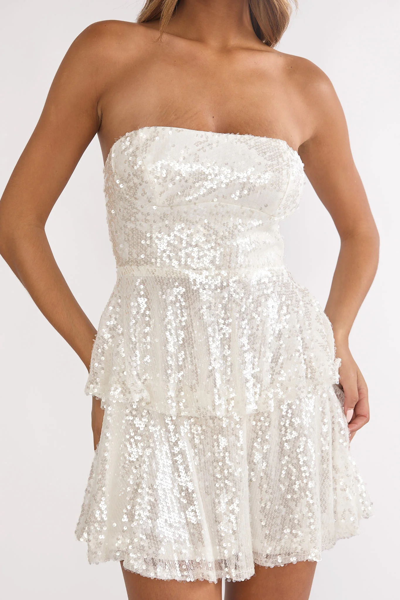 Provence Bloom Tiered Sequin Mini Dress White - luluinthesky