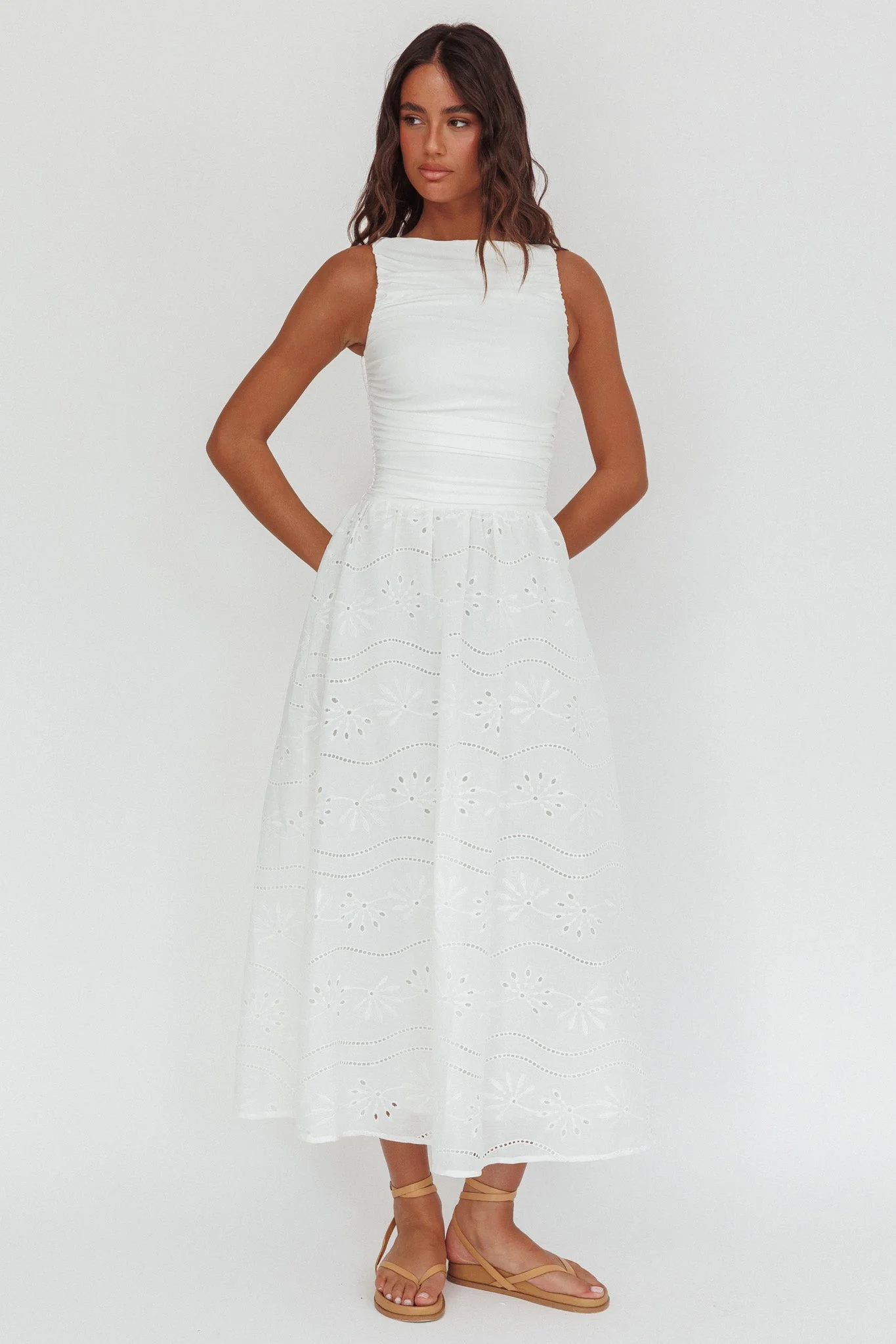 Dalayla Sleeveless Eyelet Maxi Dress White - luluinthesky