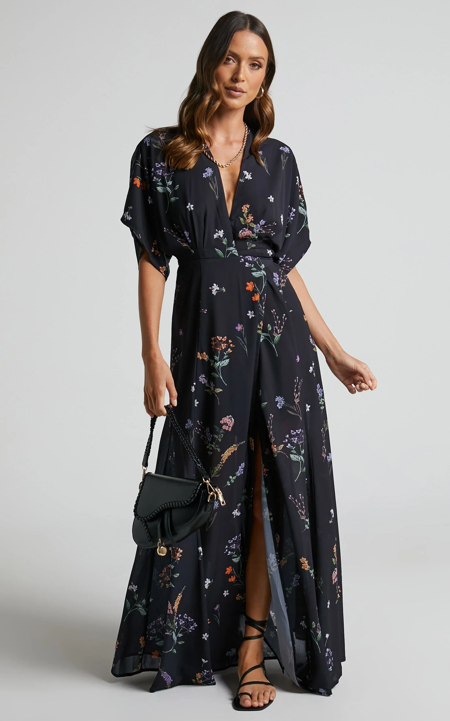 Erenza Maxi Dress - Extended Sleeve Wrap Dress in Black Flower Field - luluinthesky