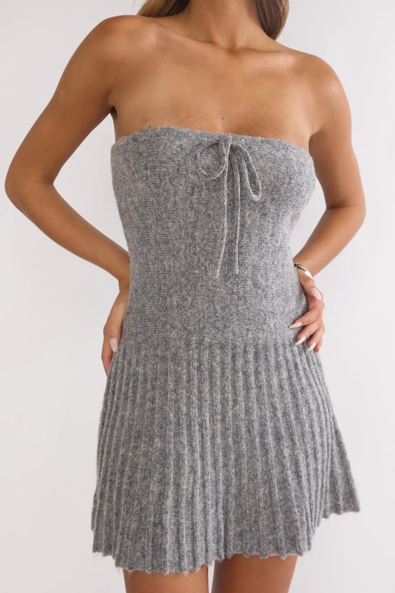 Hollis Strapless Pleat Hem Knit Mini Dress Charocal - luluinthesky