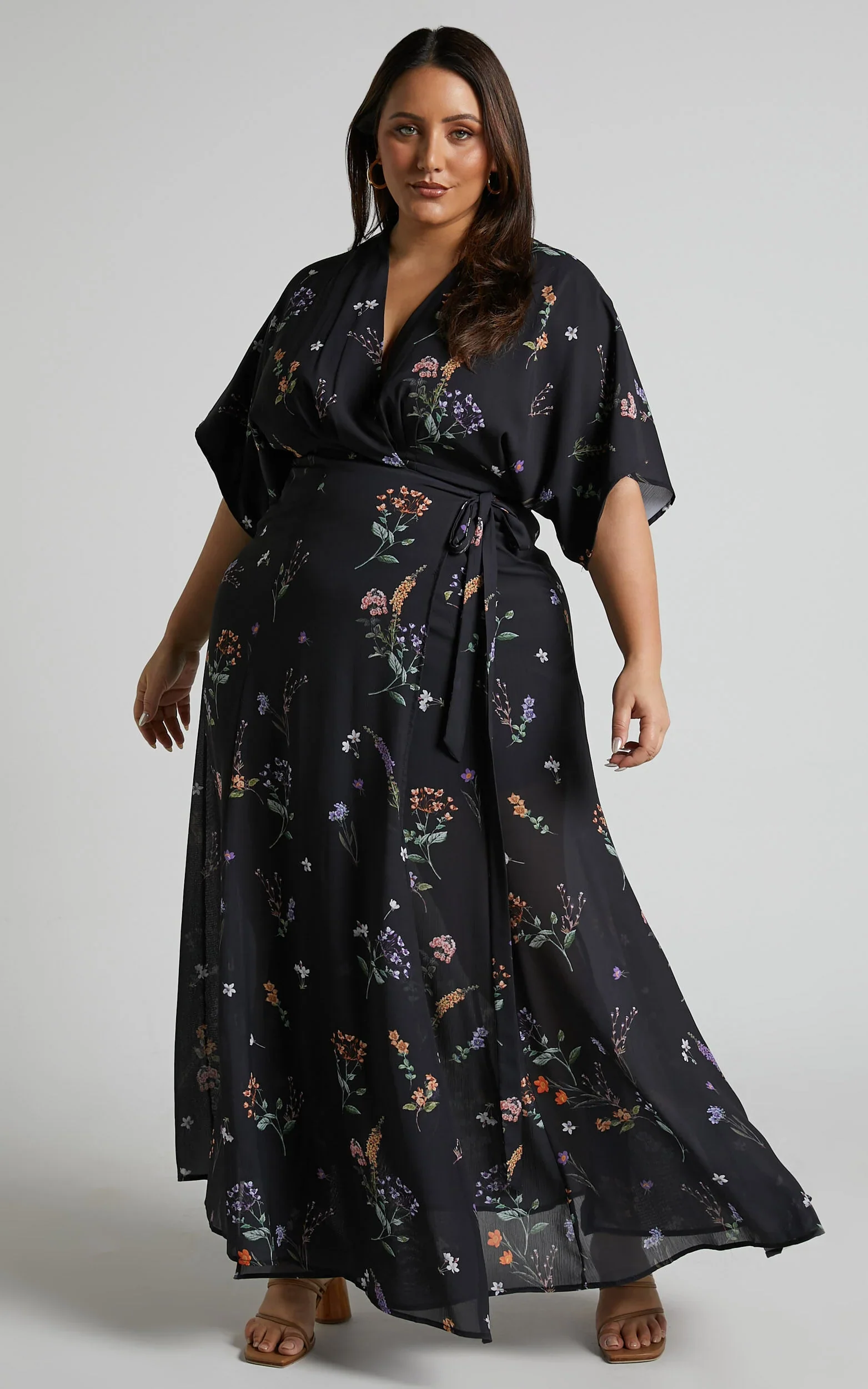 Erenza Maxi Dress - Extended Sleeve Wrap Dress in Black Flower Field - luluinthesky