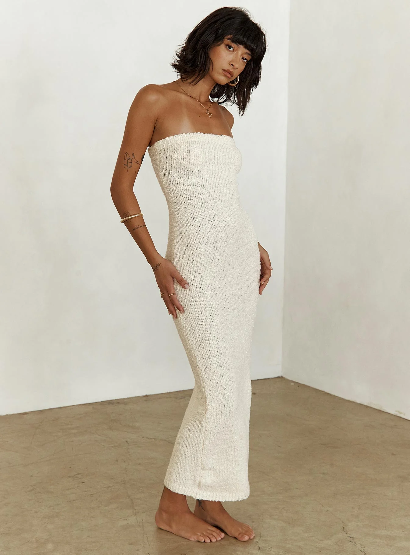 Cloud Strapless Boucle Maxi Dress Cream - luluinthesky