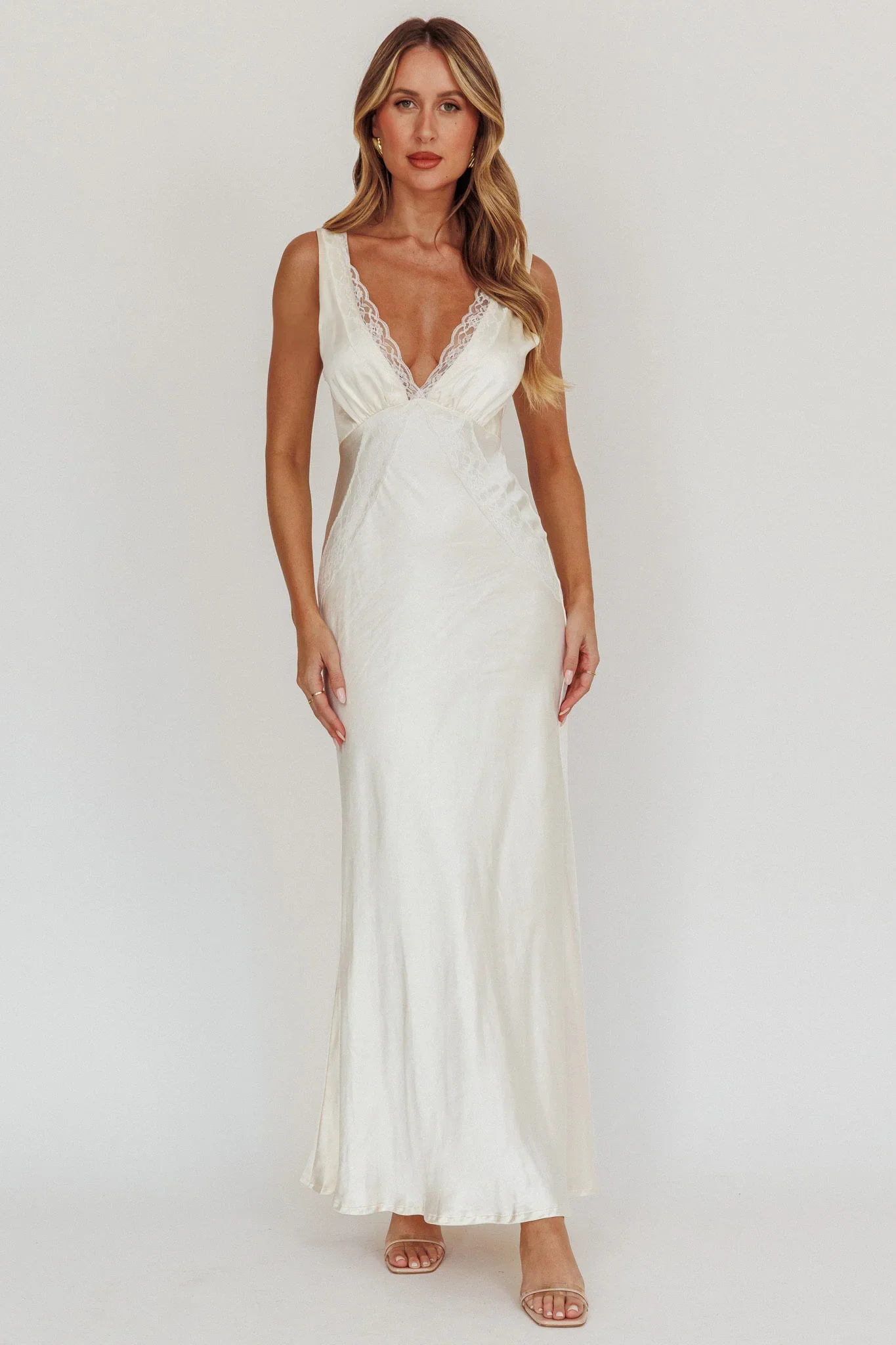 Ivonne Lace Trim V-Neck Maxi Dress Oyster - luluinthesky