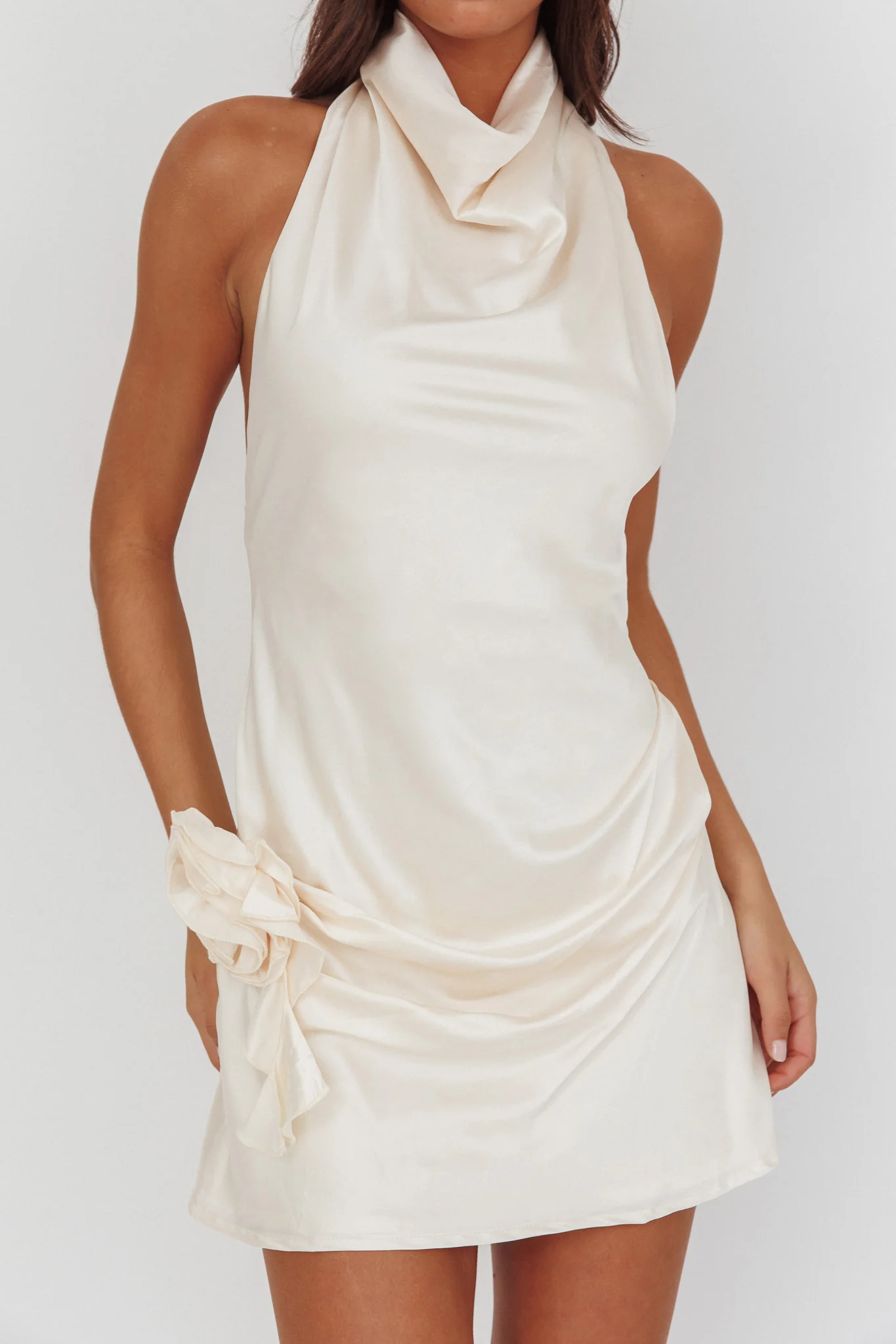 Elarah High Cowl Halterneck Mini Dress Pearl - luluinthesky