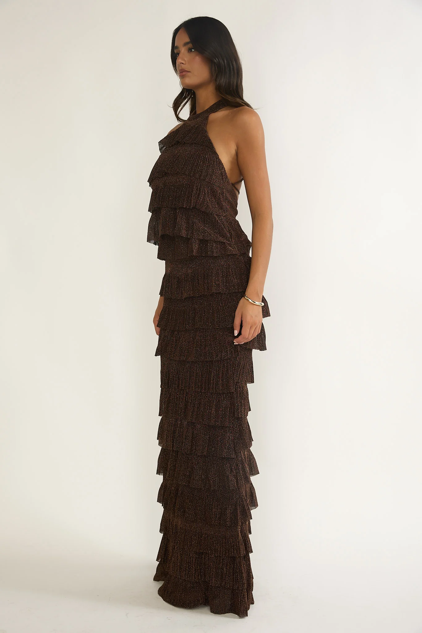 Kaelia Tiered Halter Maxi Dress Sparkle Brown - luluinthesky