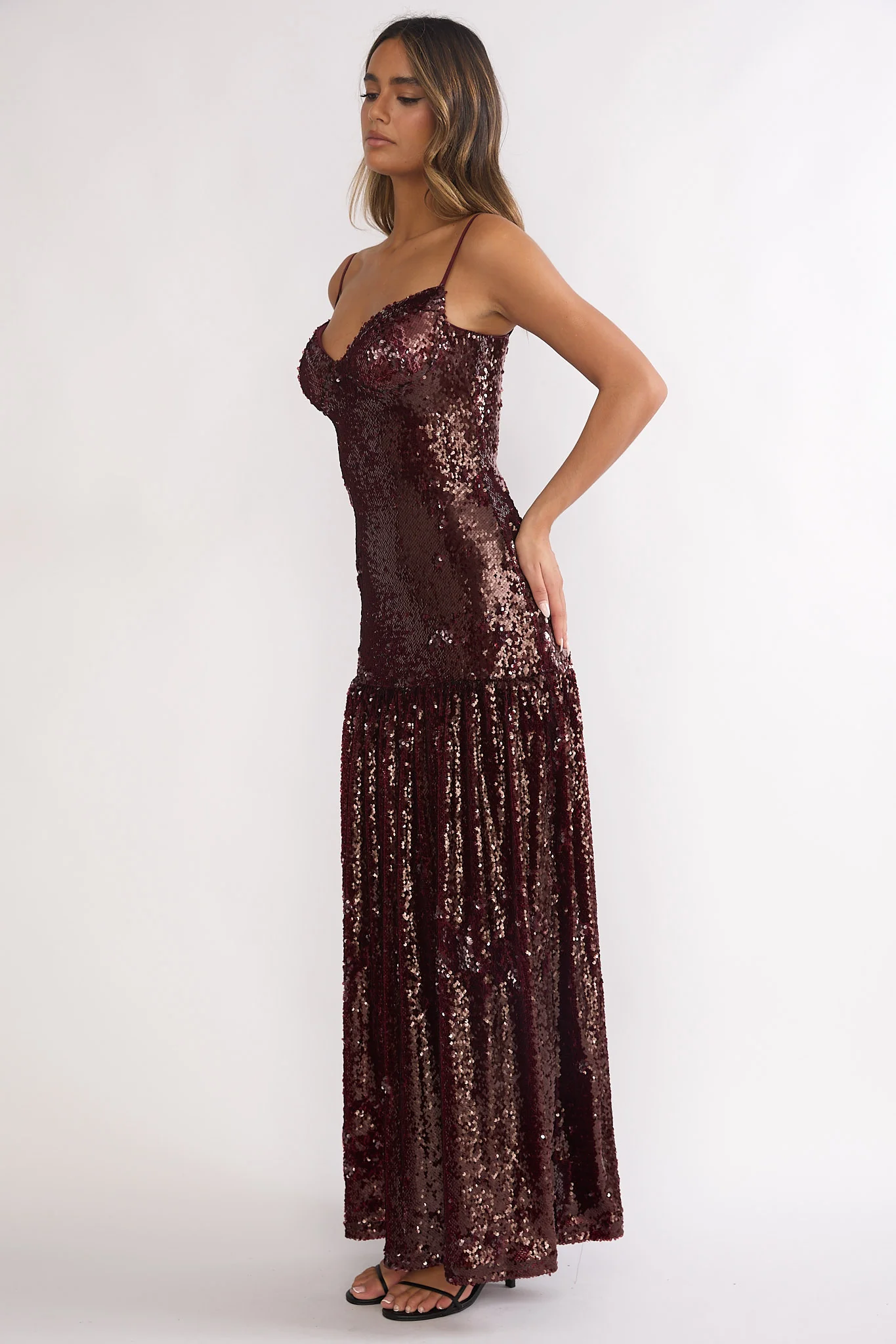 Miller Drop Waist Sequin Maxi Dress Burgundy - luluinthesky