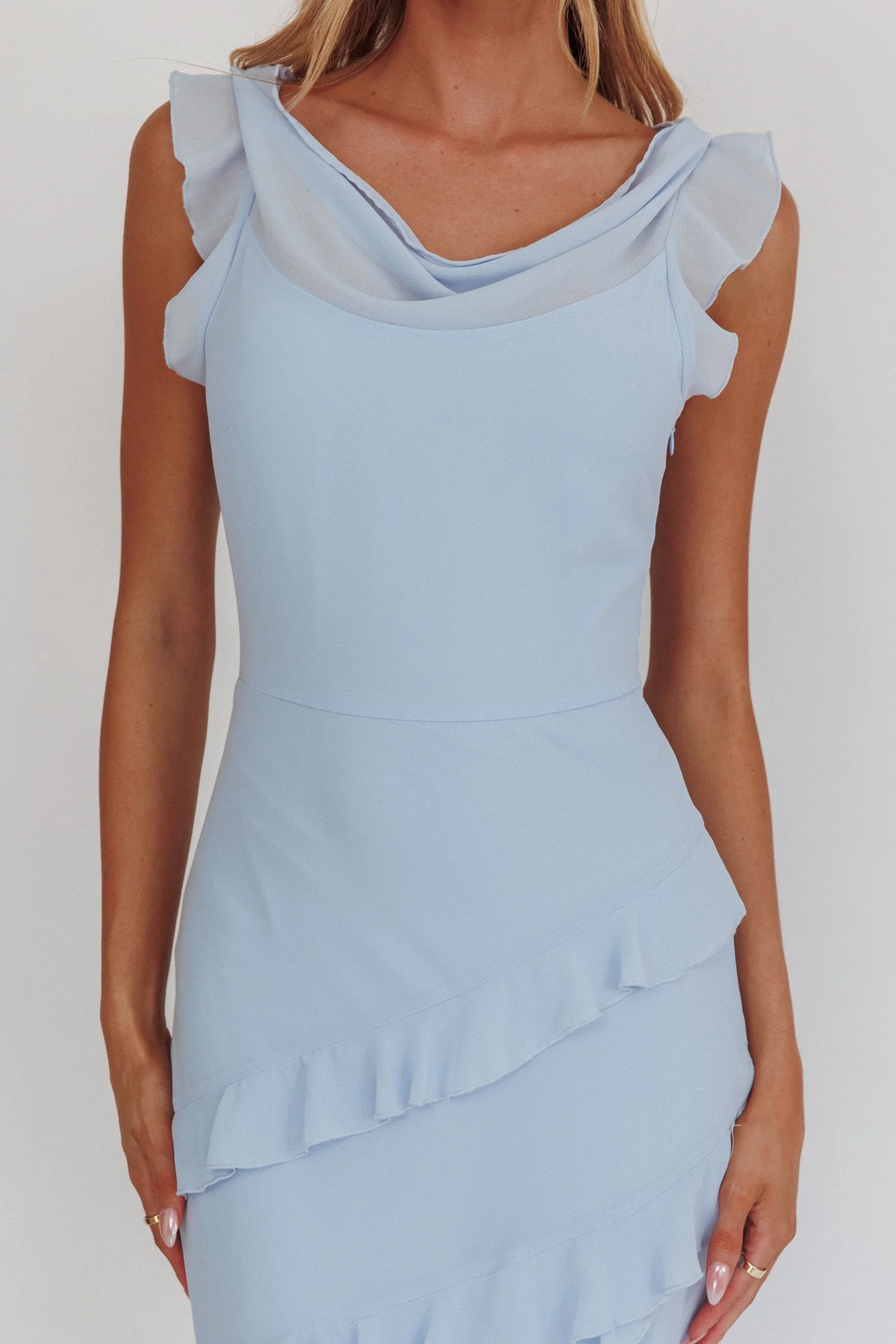 Sangria Cowl Neck Frill Maxi Dress Blue - luluinthesky