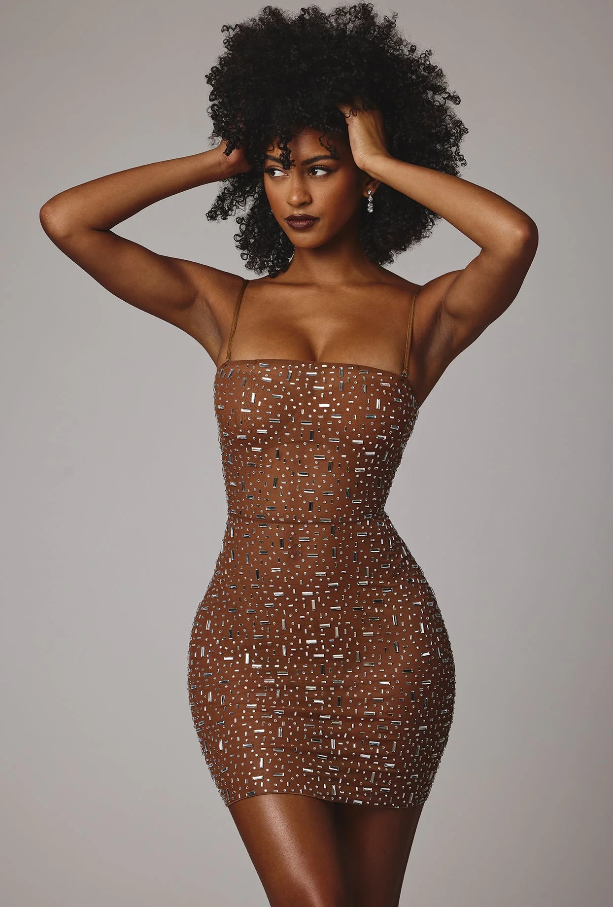 Sheer Embellished Bodycon Mini Dress in Mocha - luluinthesky