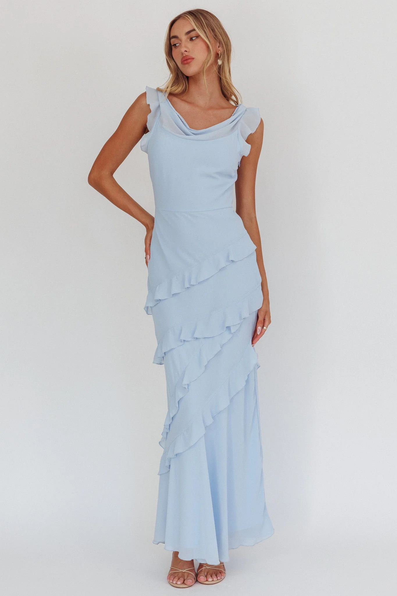 Sangria Cowl Neck Frill Maxi Dress Blue - luluinthesky