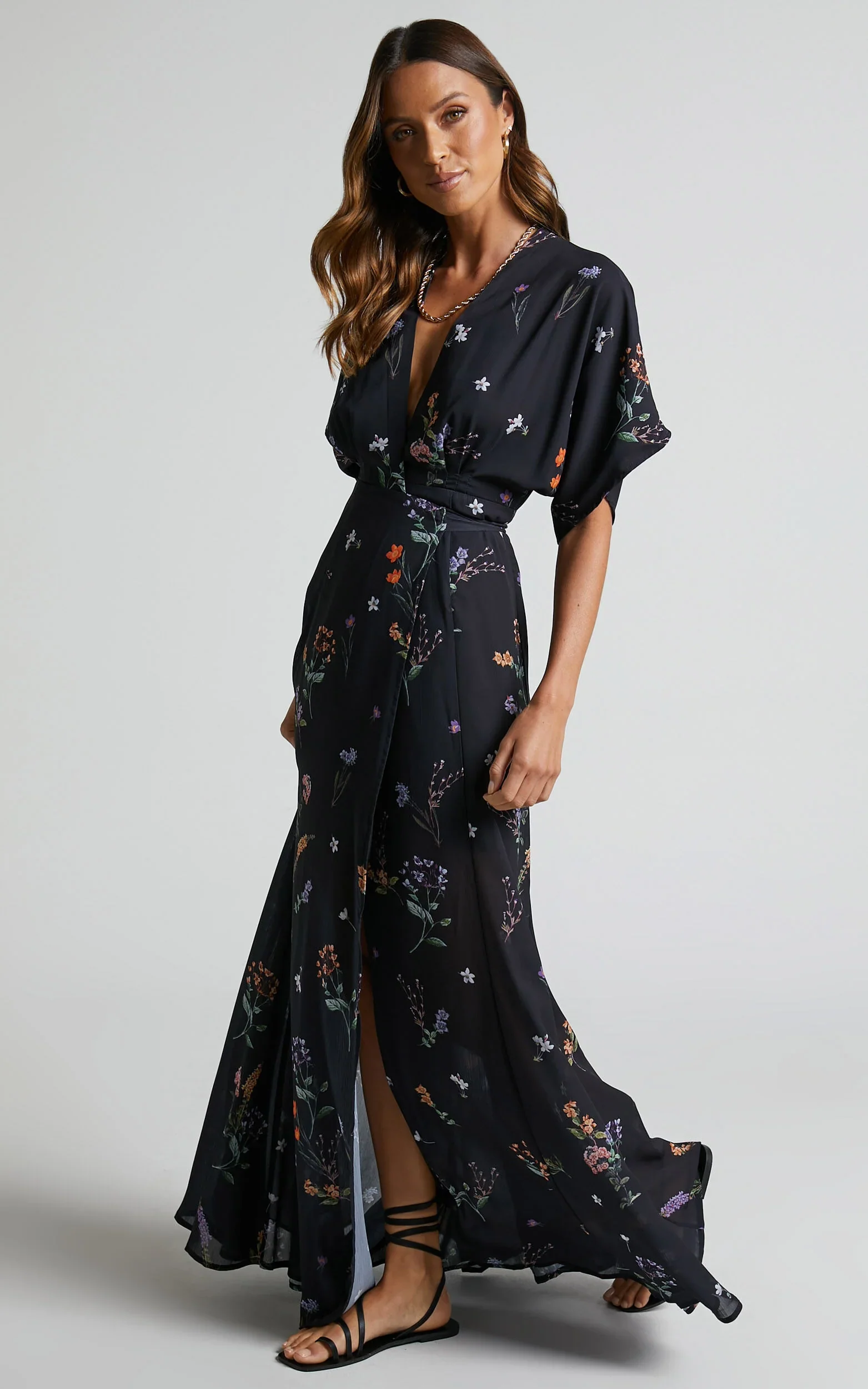 Erenza Maxi Dress - Extended Sleeve Wrap Dress in Black Flower Field - luluinthesky