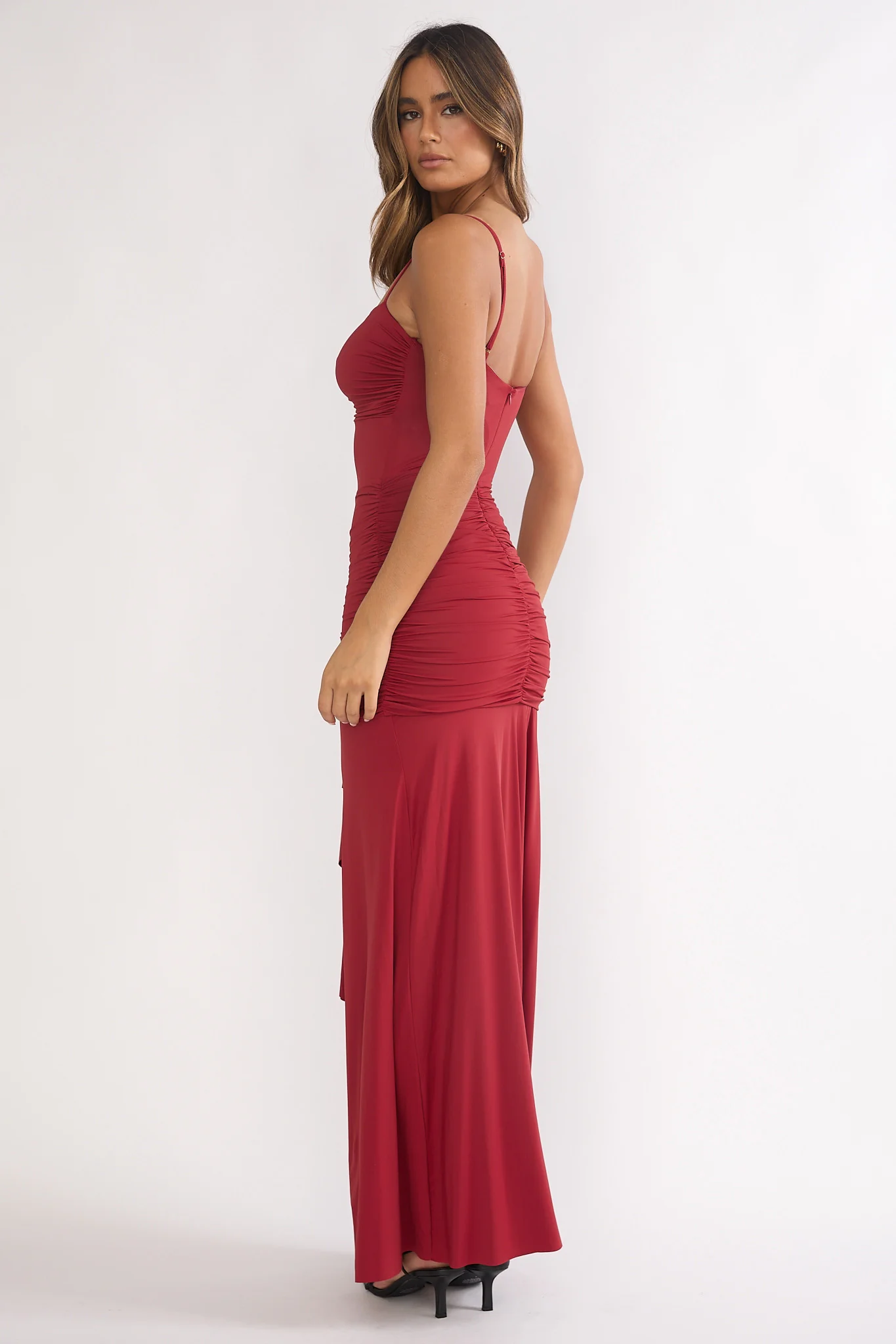 Lunara Ruched Cascade Sash Dress Wine - luluinthesky