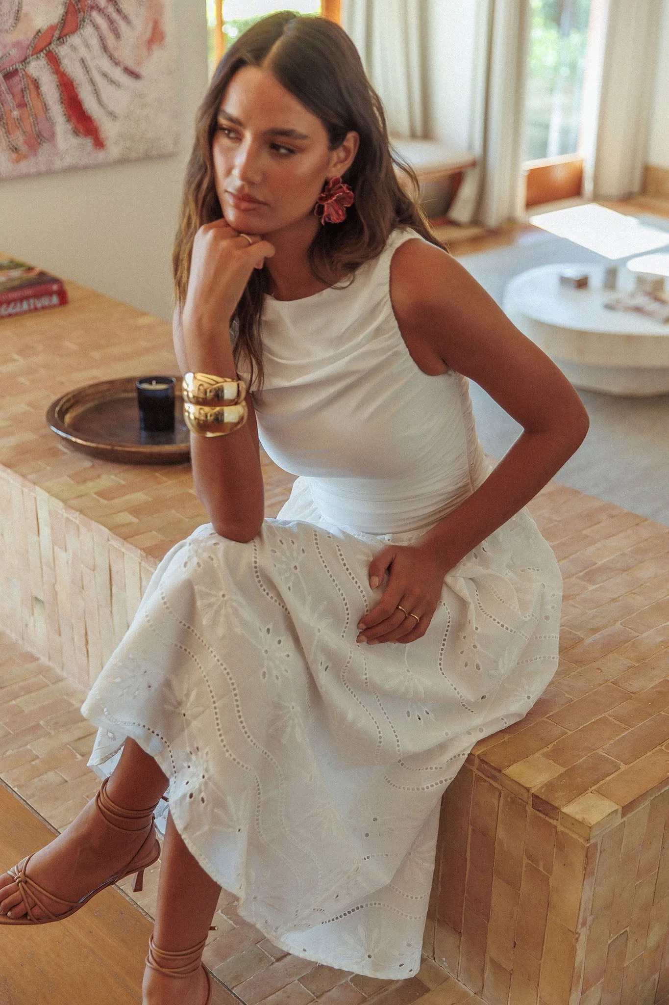 Dalayla Sleeveless Eyelet Maxi Dress White - luluinthesky