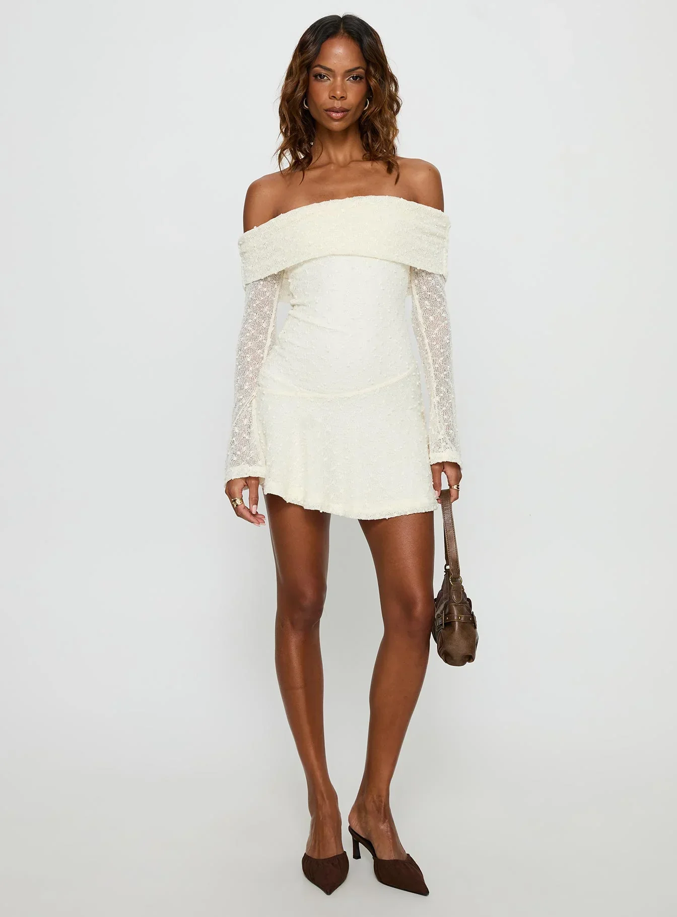 Ivee Off Shoulder Long Sleeve Mini Dress Cream - luluinthesky