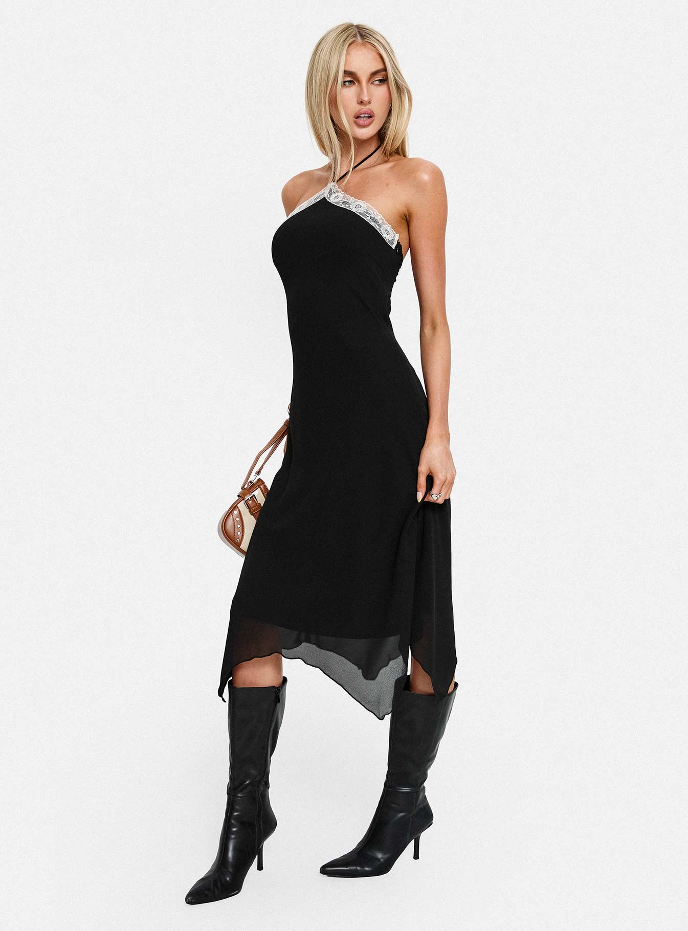 Naila Halter Lace Trim Midi Dress Black - luluinthesky