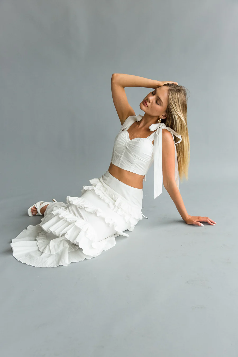 Dawn Bow Strap Bustier Top + Tiered Ruffle Skirt Set - luluinthesky
