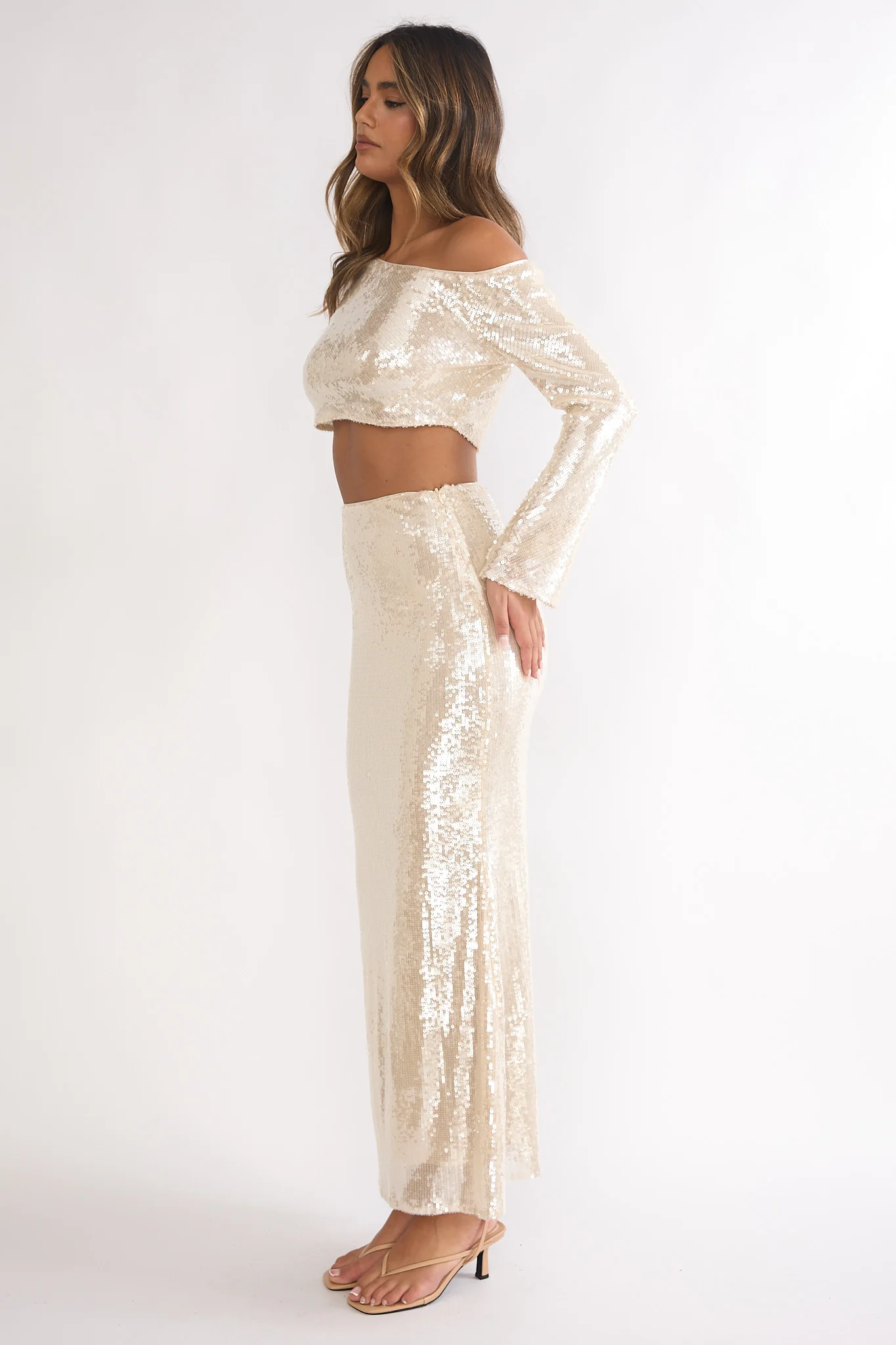 Crystalline Sequin Maxi Skirt Champagne - luluinthesky