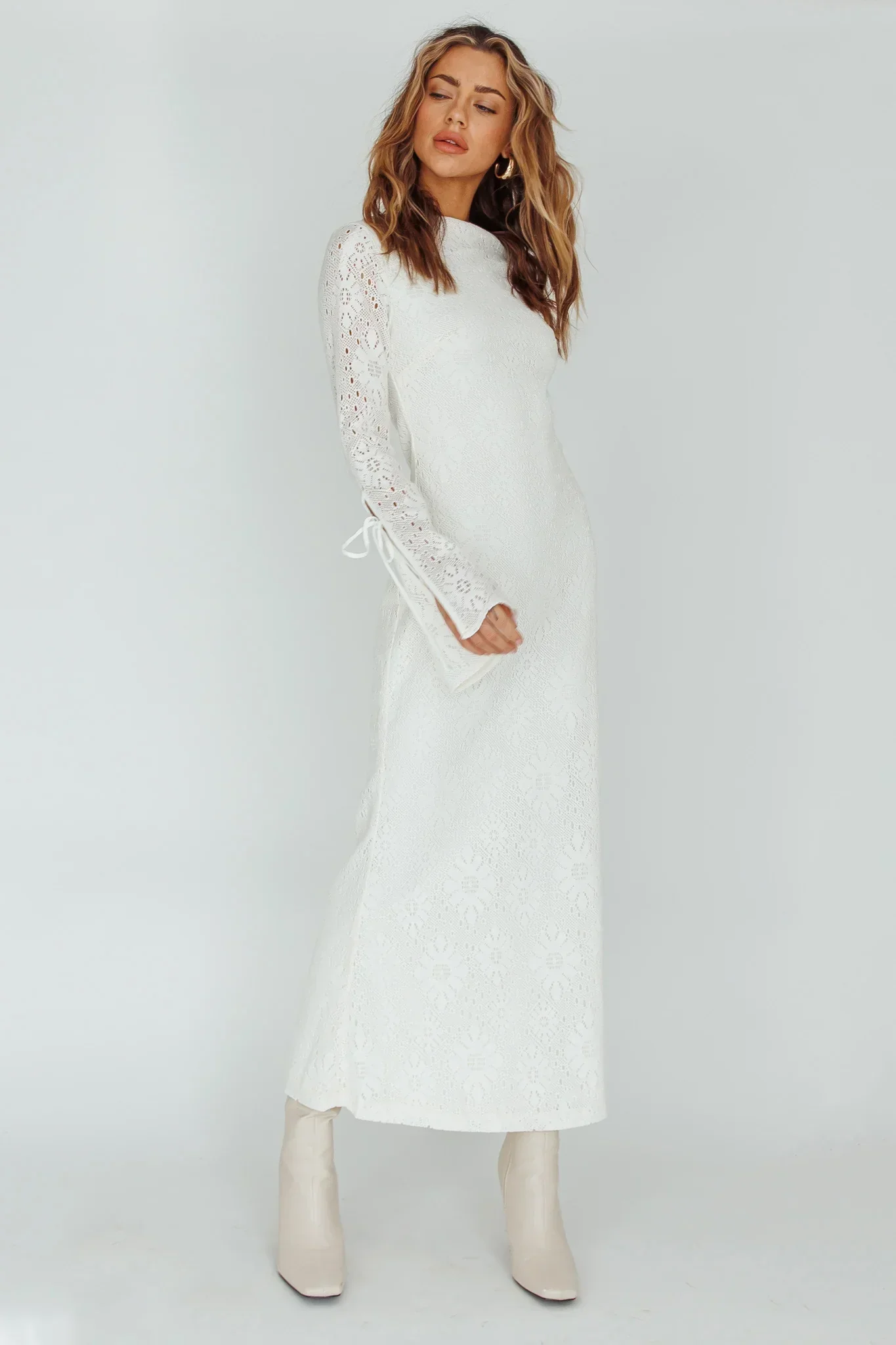 Kalia Long Sleeve Lace Midi Dress Cream - luluinthesky