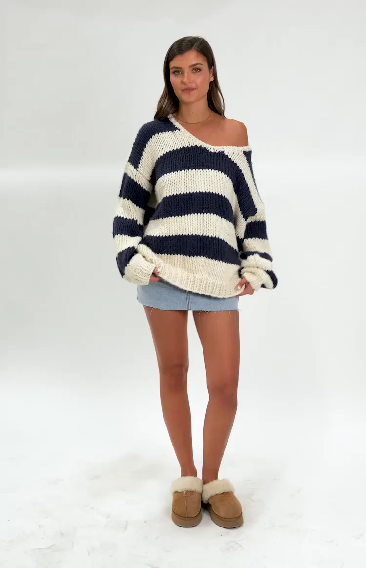 Navy Striped Chunky Knit Sweater - luluinthesky