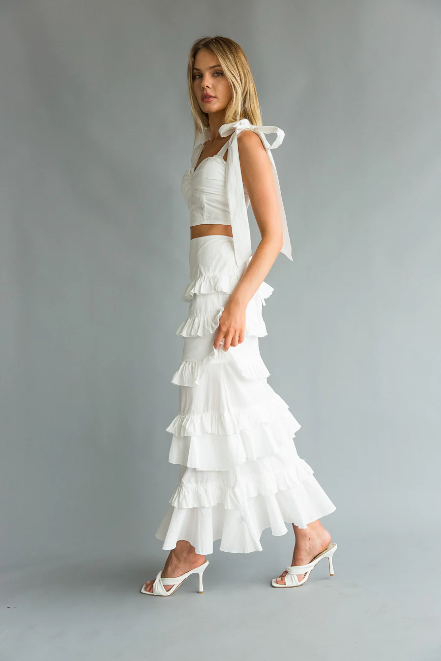 Dawn Bow Strap Bustier Top + Tiered Ruffle Skirt Set - luluinthesky