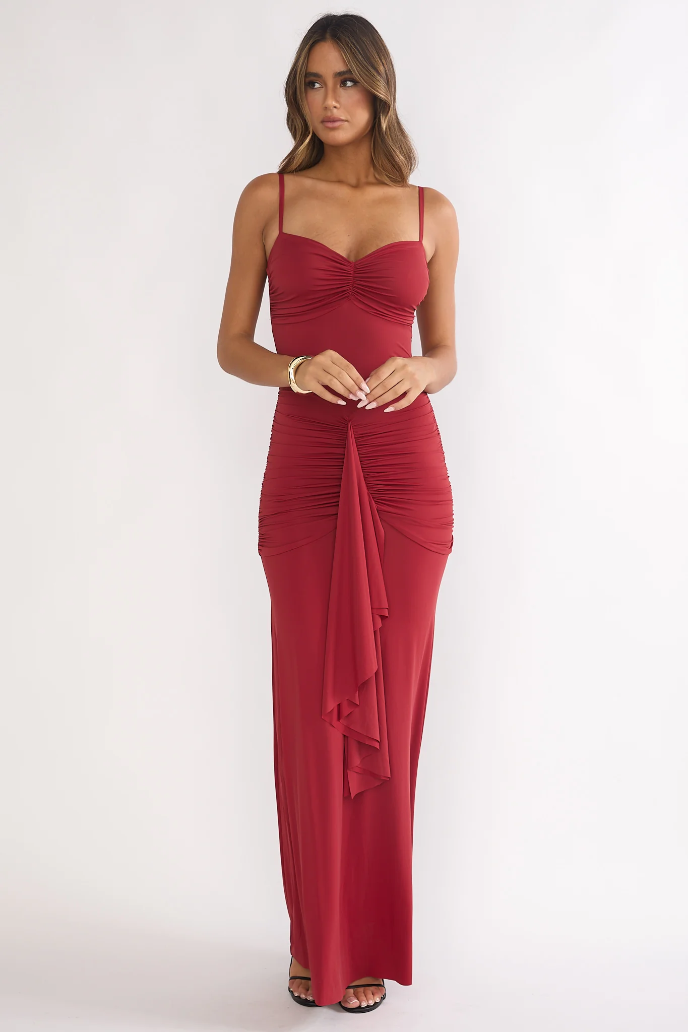 Lunara Ruched Cascade Sash Dress Wine - luluinthesky