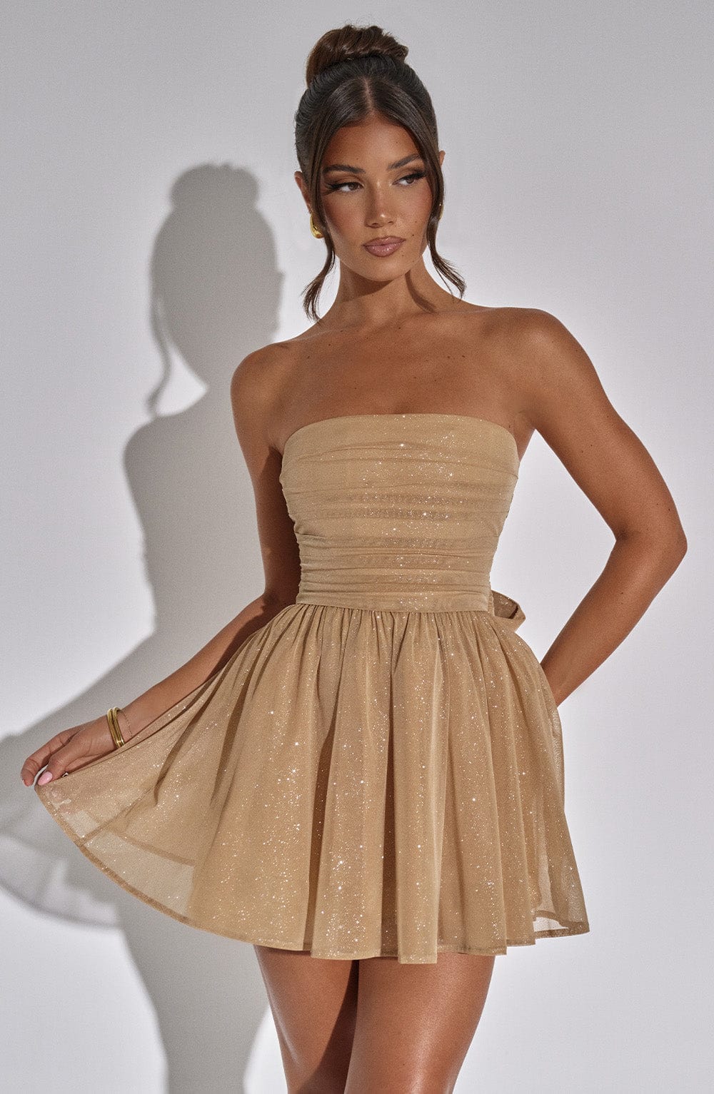 Katrina Mini Dress - Gold Sparkle - luluinthesky