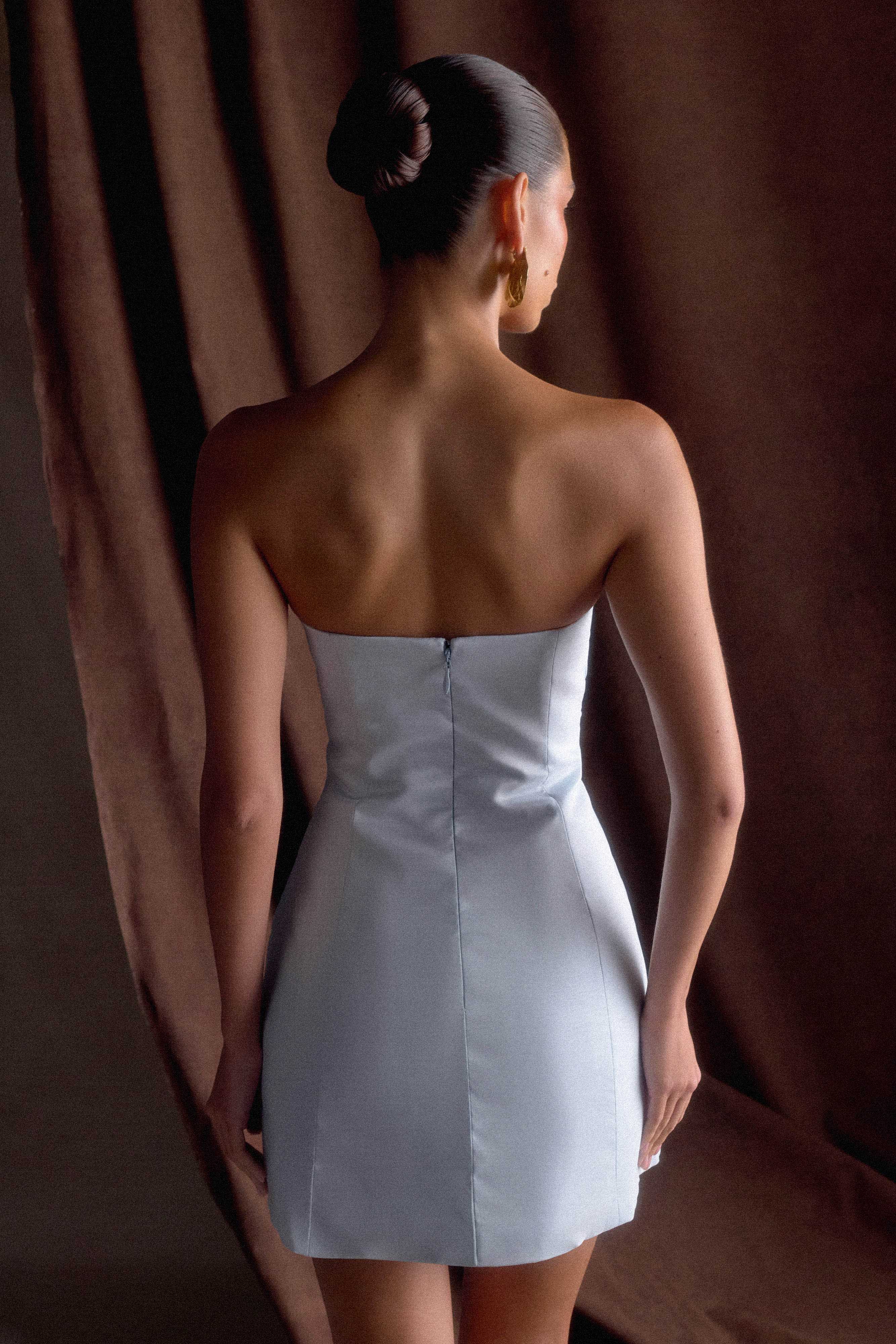 Leslie Gathered Taffeta Mini Dress - Frosted Blue - luluinthesky