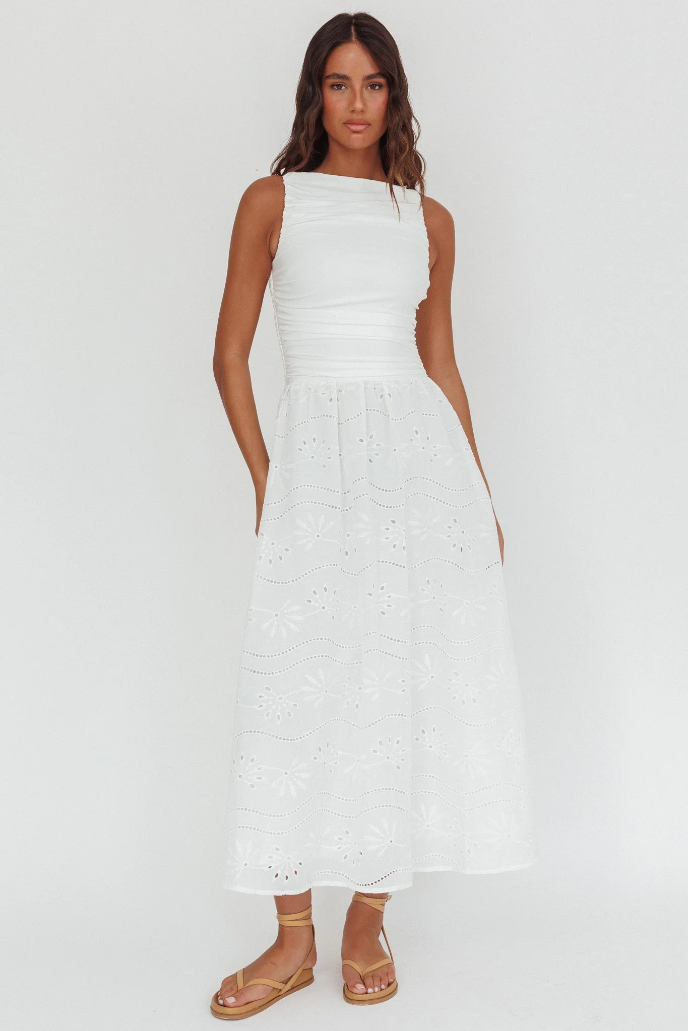 Dalayla Sleeveless Eyelet Maxi Dress White - luluinthesky