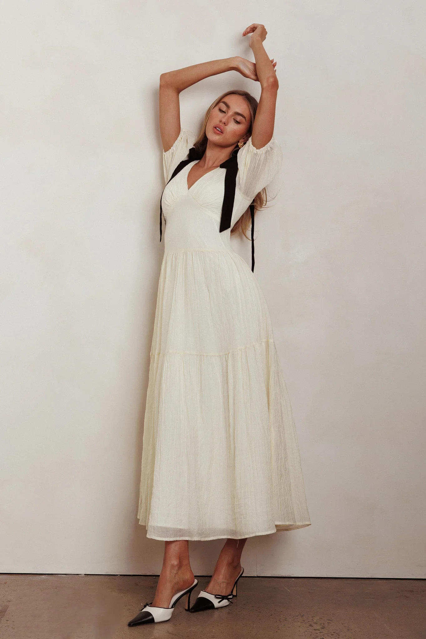 Sinta Bow Shoulder Puff Sleeve Maxi Dress Cream - luluinthesky