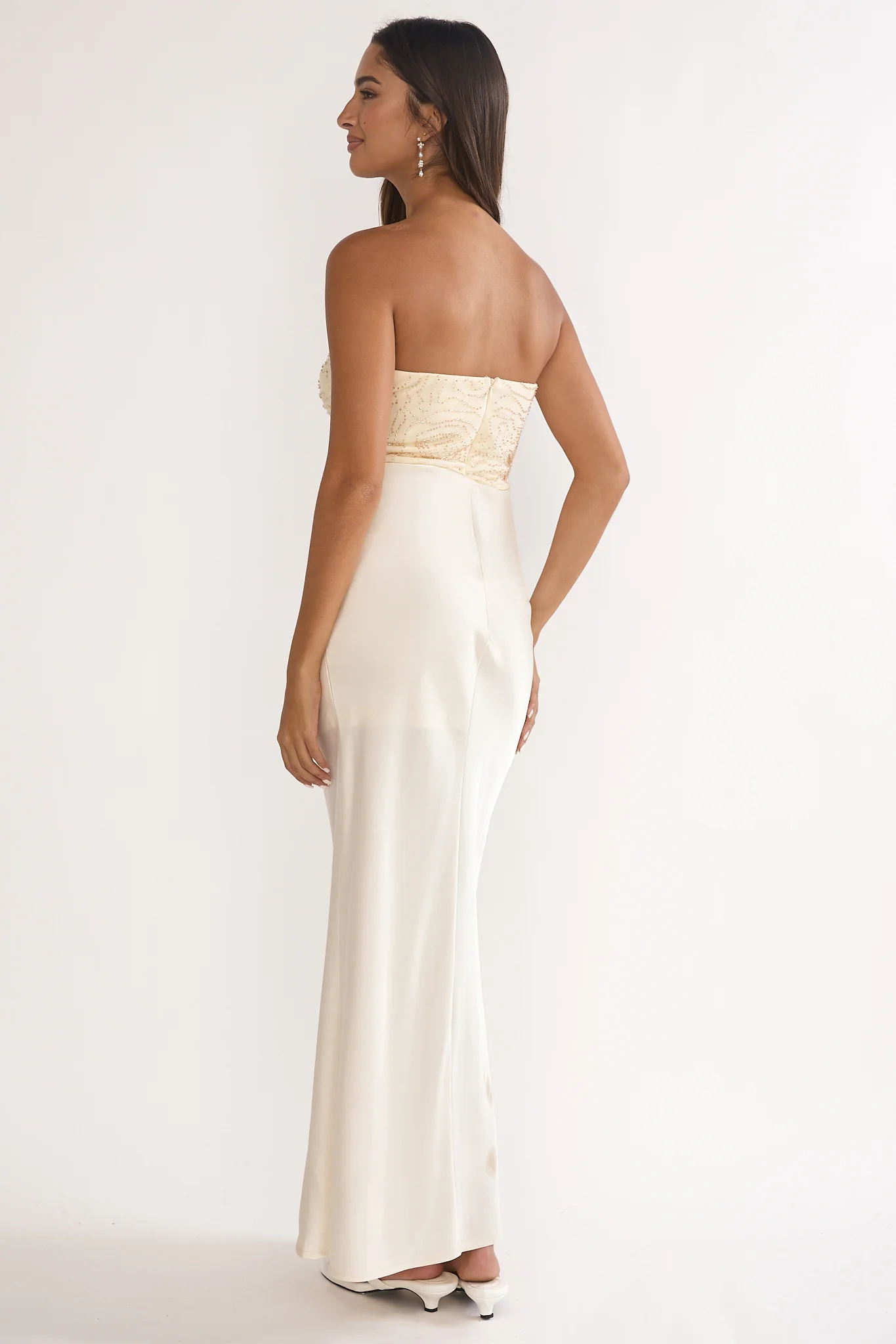 At Dusk Beaded Bust Strapless Maxi Dress Oyster - luluinthesky