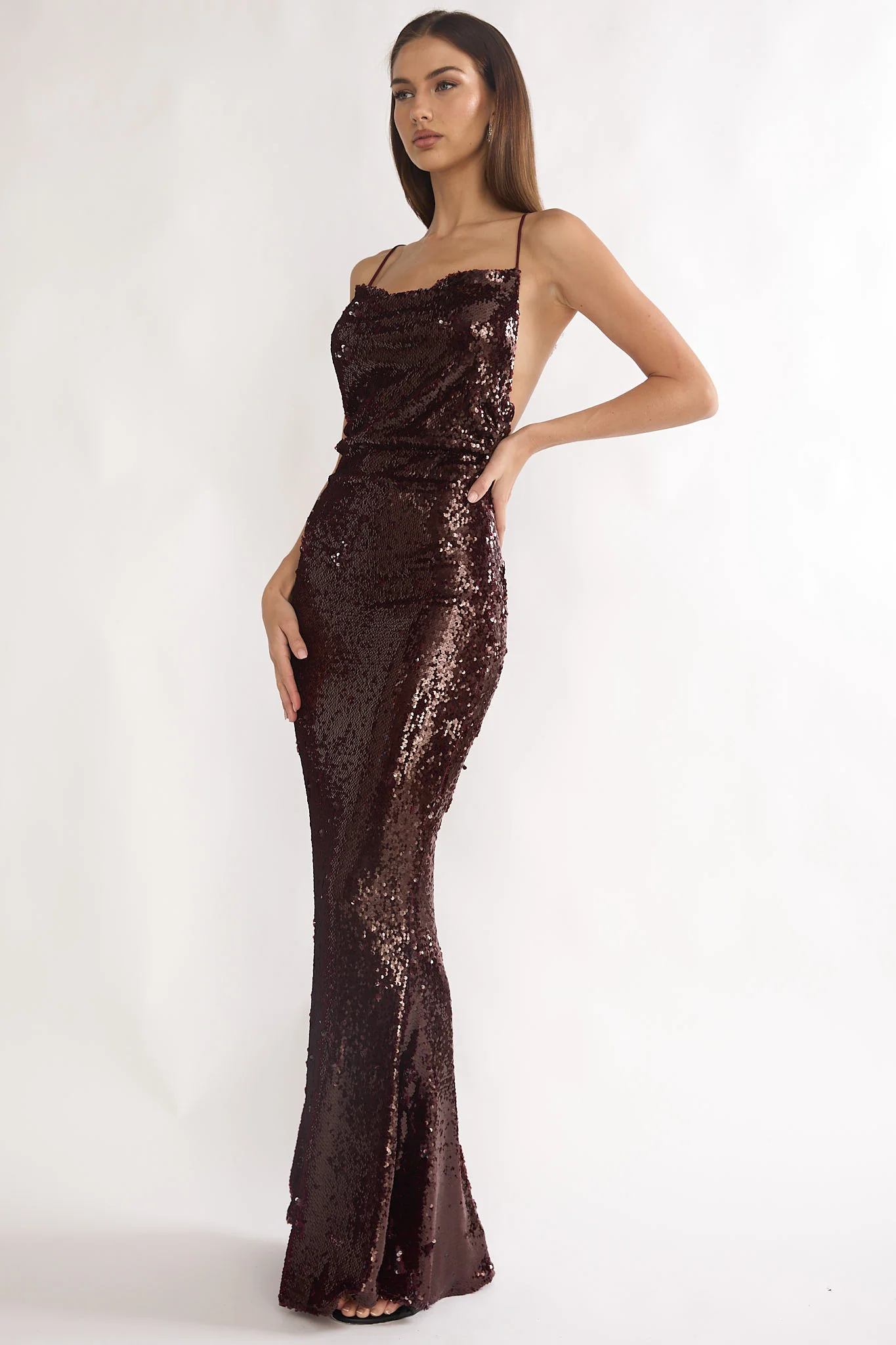 She's The Star Open Tied Back Maxi Dress Sequin Wine - luluinthesky