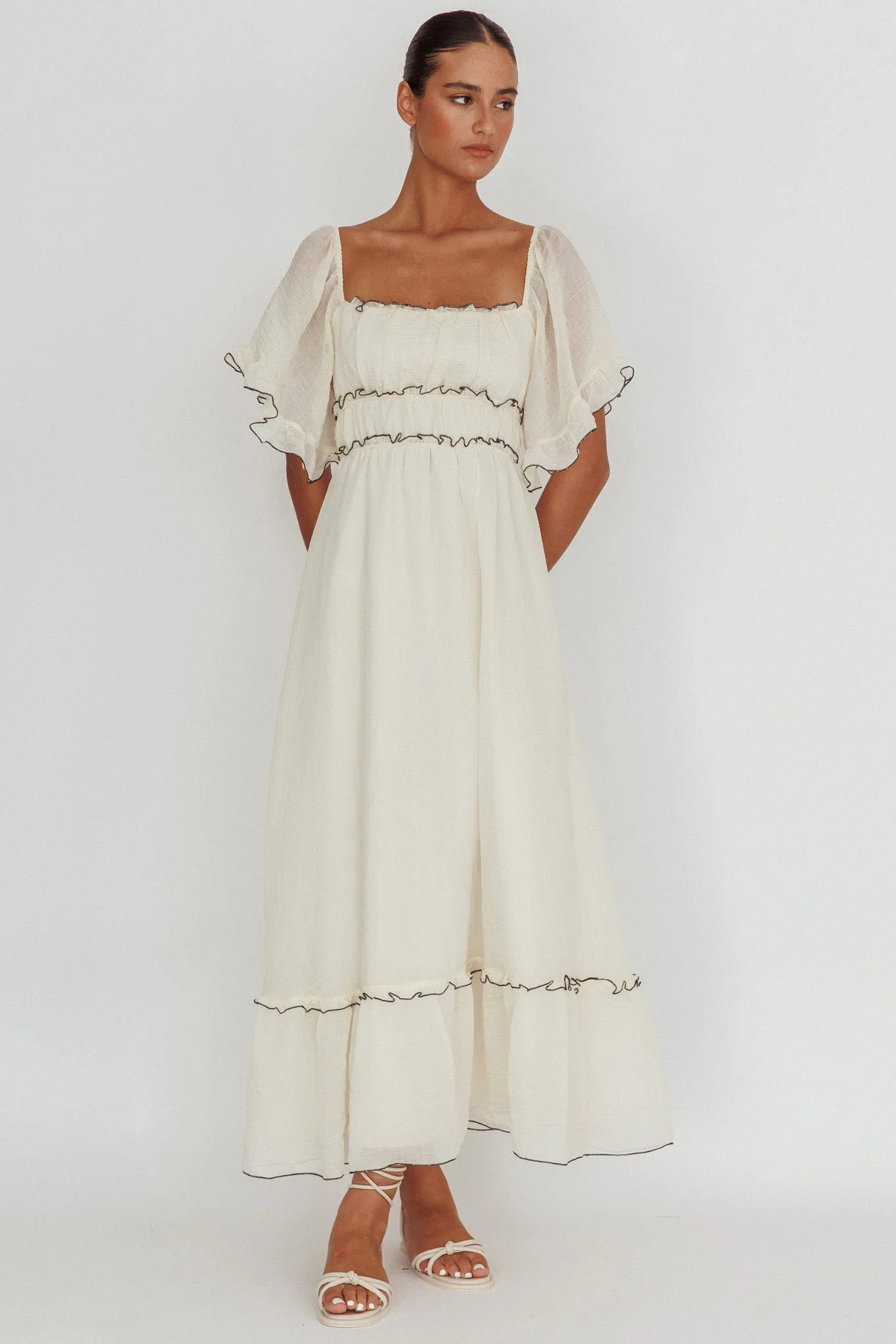 Kathlene Flutter Sleeves Maxi Dress Cream - luluinthesky