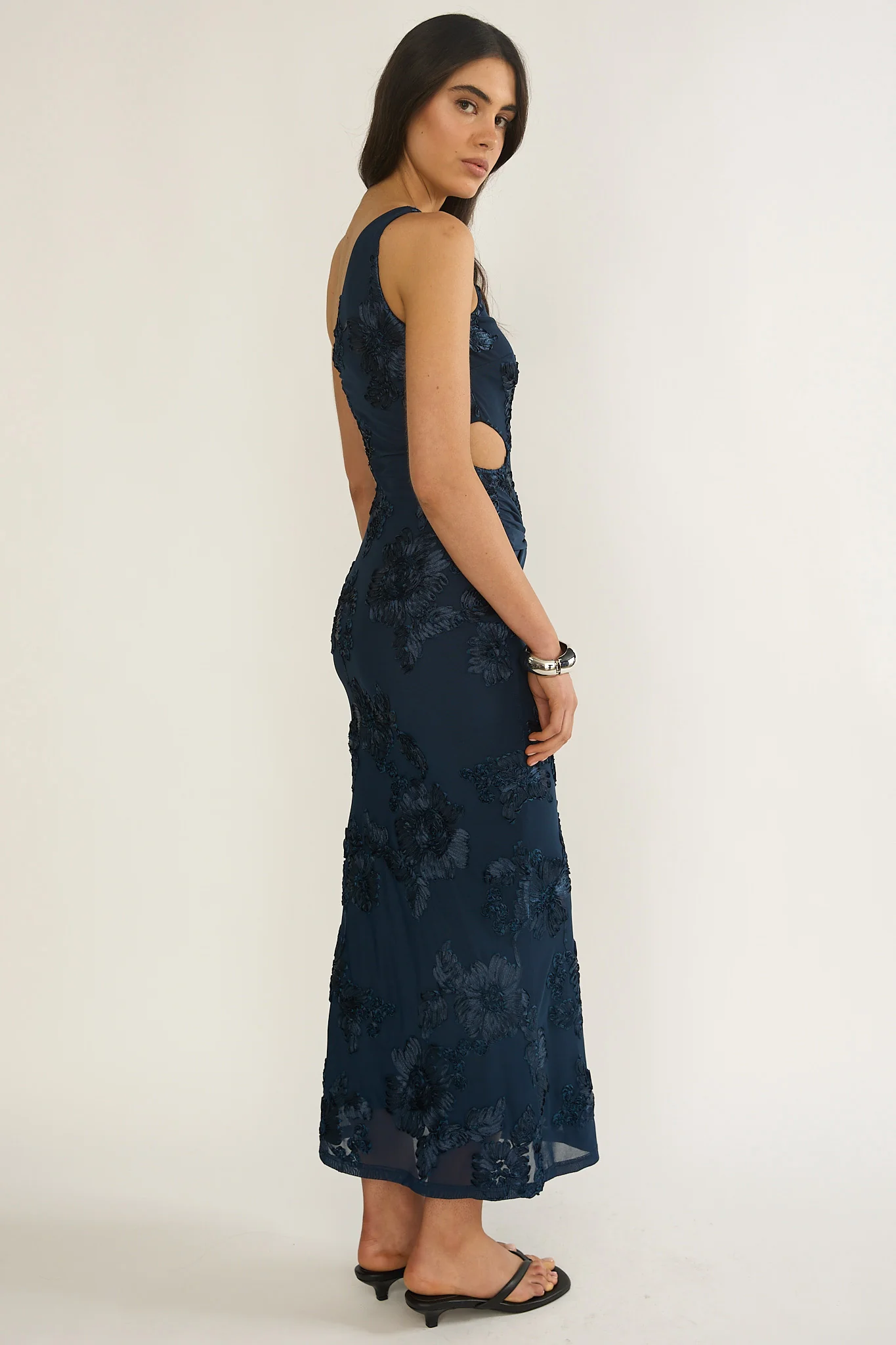 Luli One-Shoulder Cut-Out Maxi Dress Textured Navy - luluinthesky