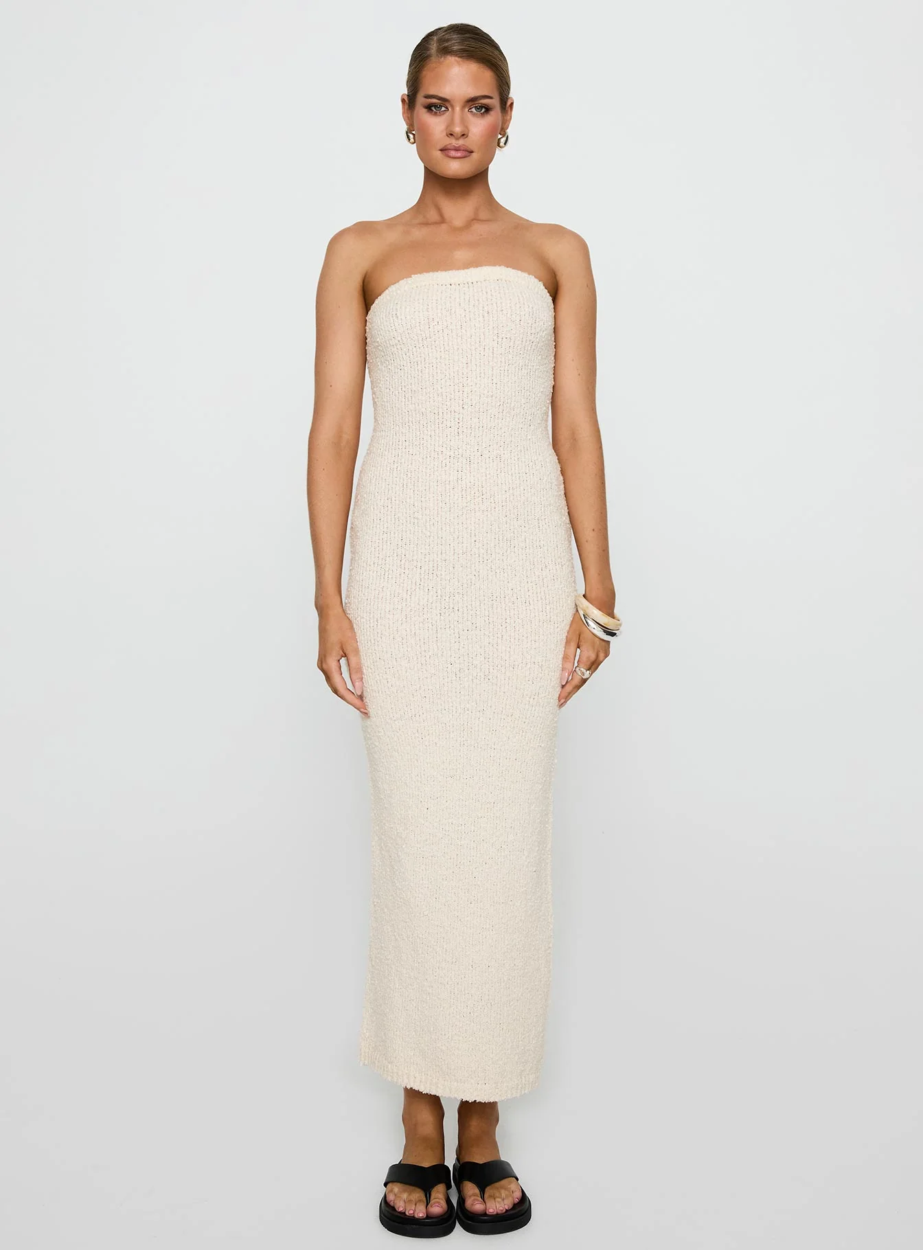 Cloud Strapless Boucle Maxi Dress Cream - luluinthesky